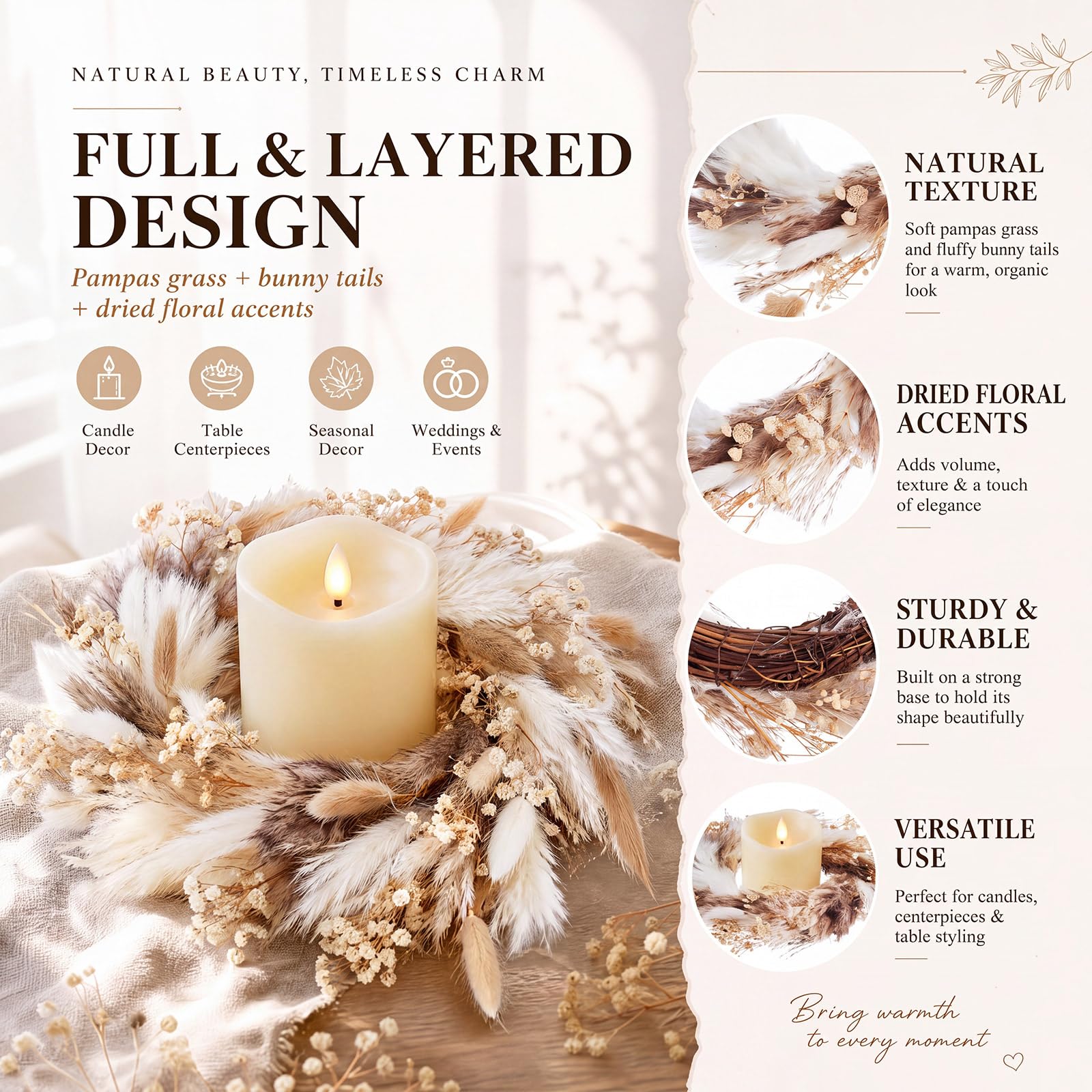 Leinuosen 4 Stück Boho Pampasgras Kerzenring Kränze, getrocknete Blume Kerzenring für LED-Kerzen, Boho-Kerzenhalter, Kränze für Hochzeit, Herbst, Tischplatte, Bauernhaus-Dekor