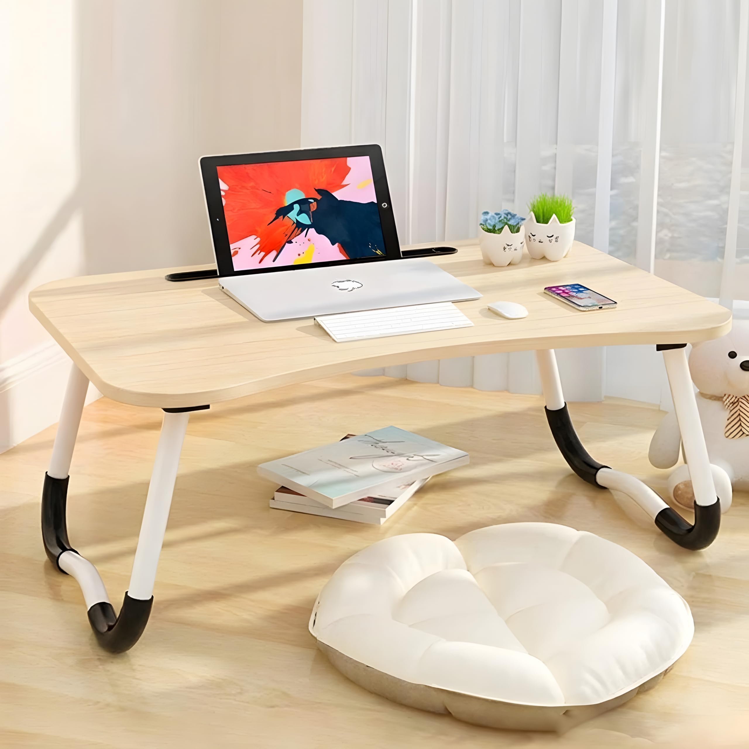 Tavolino da Colazione a Letto Pieghevole per PC Portatile, Vassoio da Divano in Legno con Supporto per Tablet e Smartphone, Scrivania Ergonomica Salvaspazio Lavoro Tavolo (-BETULLA) - 5