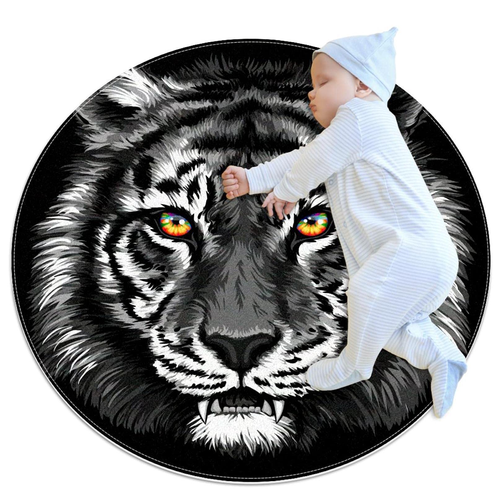 Tapis rond moderne antidérapant motif tigre diamètre 80 cm style graphique épuré