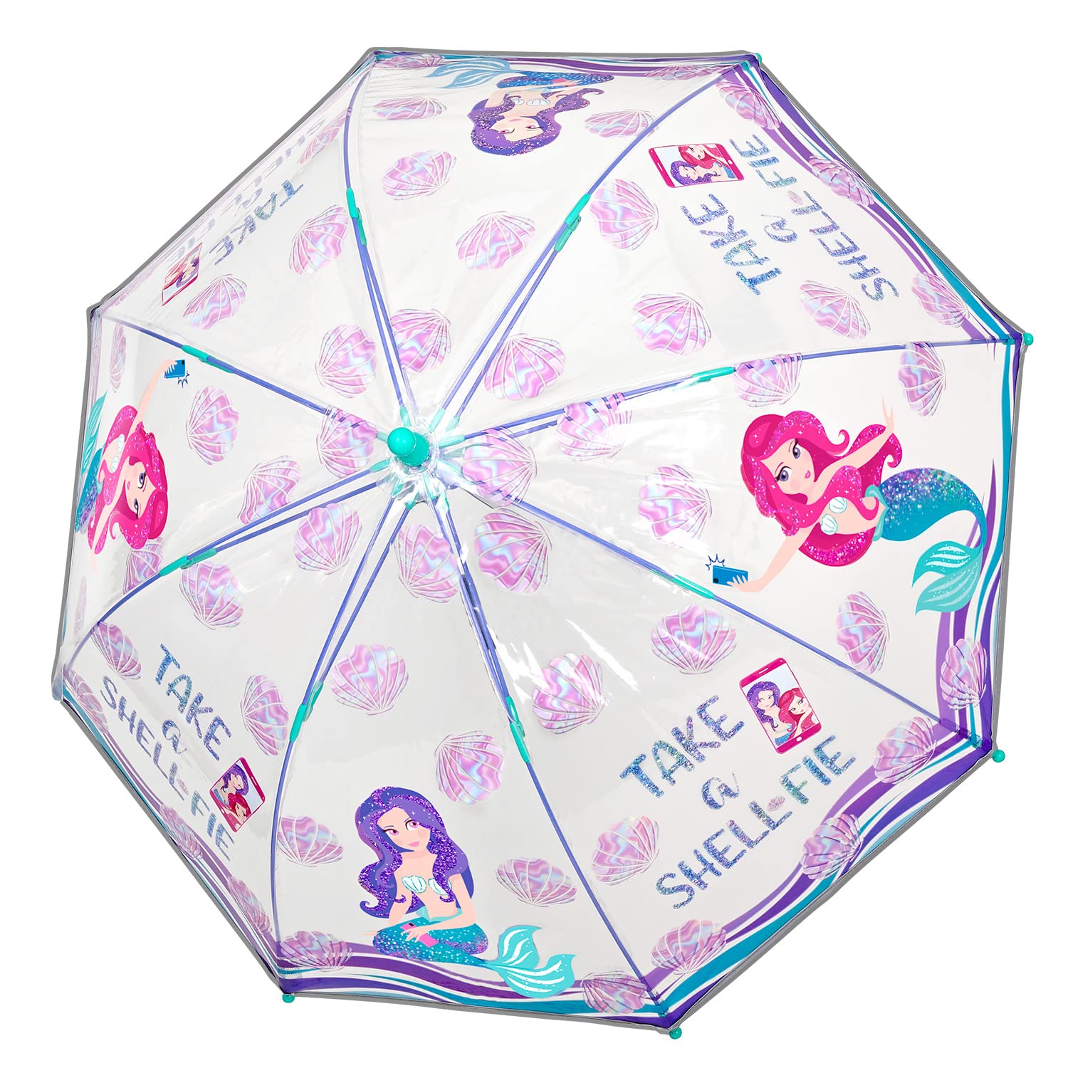 PERLETTI Parapluie Transparent Sirène pour Enfants - Petit Parapluie Cloche avec Détails Réfléchissants Fille - Parapluie Canne Fillette 3 4 5 Ans École Maternelle - Diamètre 67 cm (Coquillages)