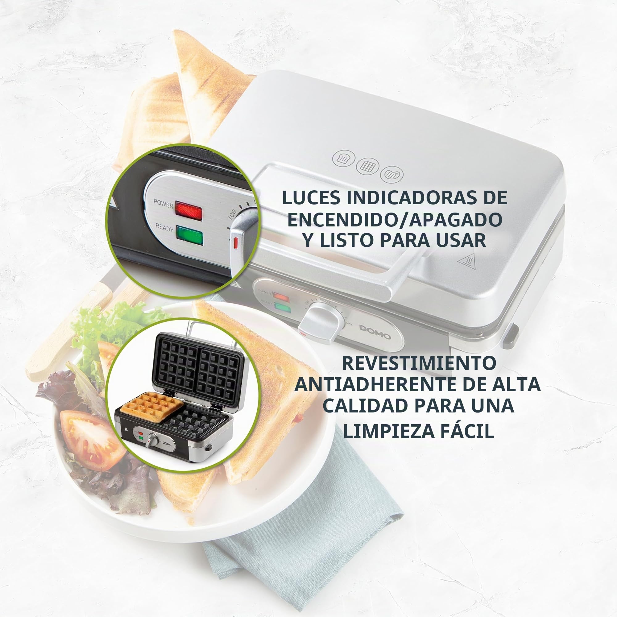 DOMO DO9136C - Sandwichera multifunción 3 en 1, plancha para gofres, parrilla de contacto, revestimiento antiadherente, acero inoxidable/negro