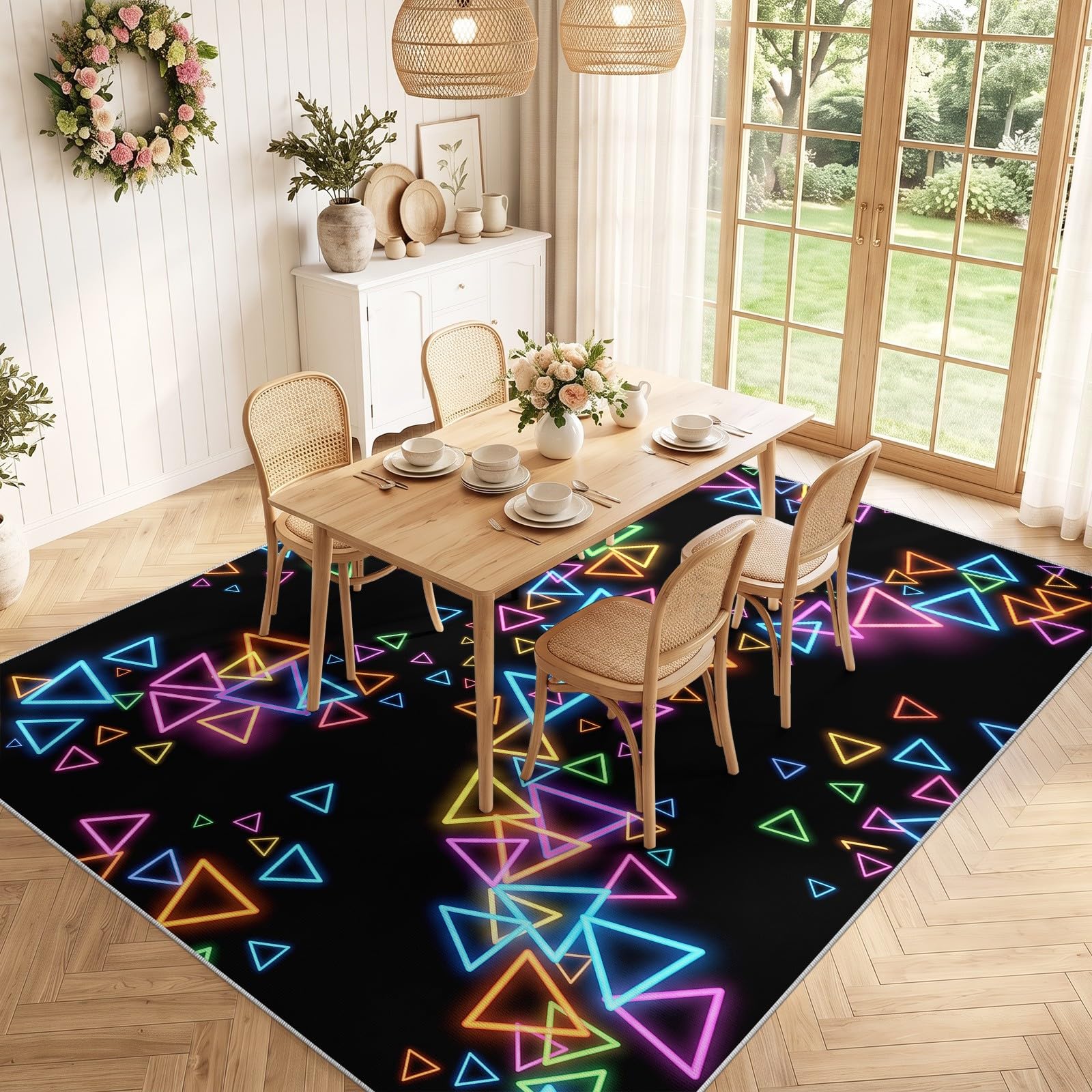 Tapis Gaming Géométrique, Douce Tapis Triangle Néon Saisissant, Décoration Moderne pour Chambre Fußmatte, liable à Poils Ras Facile à Nettoyer Moquette Et Antidérapante (Motif, 140 x 200 cm)