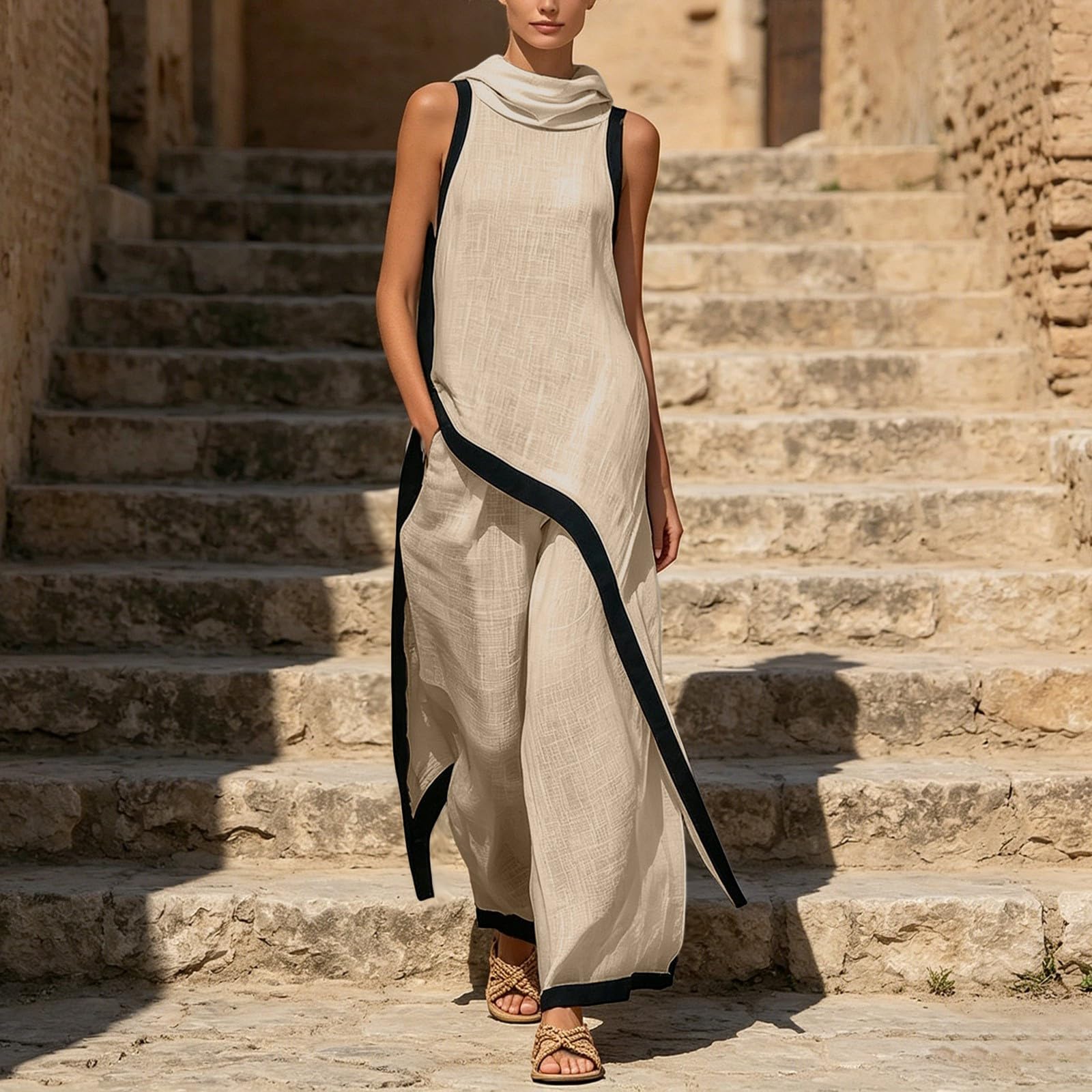 Zweiteiler Damen Elegant Hochzeit Anzug Ärmelloses Tunika mit asymmetrischem Saum und Kontrastfarbenen weite Hose Freizeitanzug Casual Outfit Loungewear