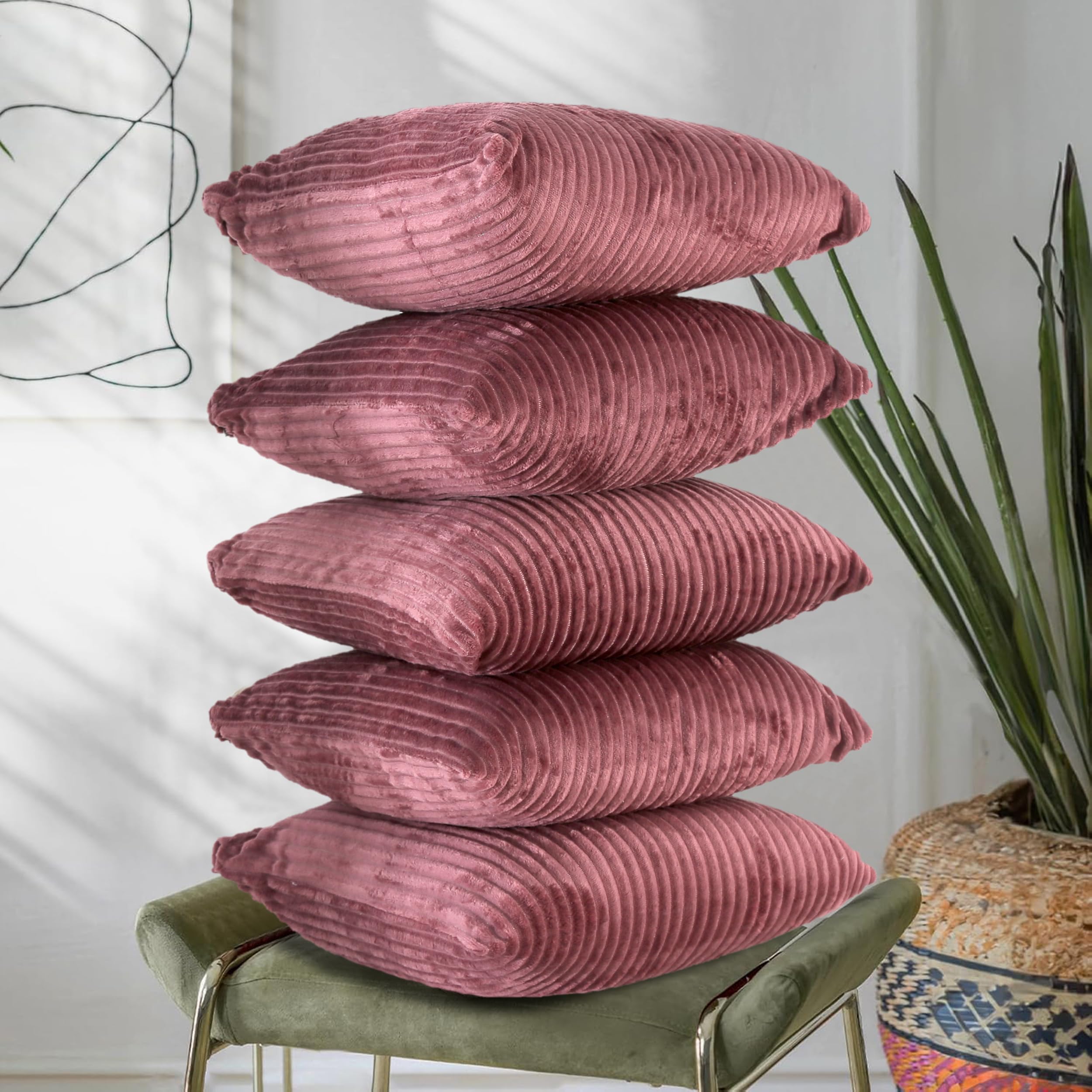 RD TREND® Cushion Cover Set of 5, Decorative Sofa Living Room Home Square Cushion Covers 24 Inch x 24 Inch, Aesthetic Corduroy Striped Double Sided (Wine,Pack of 5)-image-36