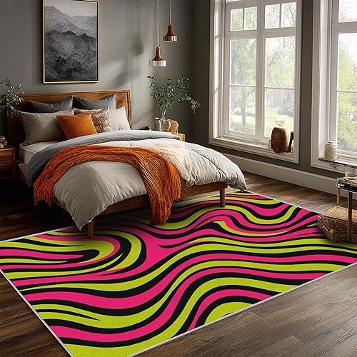 Miniatura 3 de 70s Retro Rug, Washable 6x8 Rug for Living Room, Abstract Wave Striped Patterned Indoor Carpet, 70s Retro Decor for Home, Bedroom, Soft Non Slip