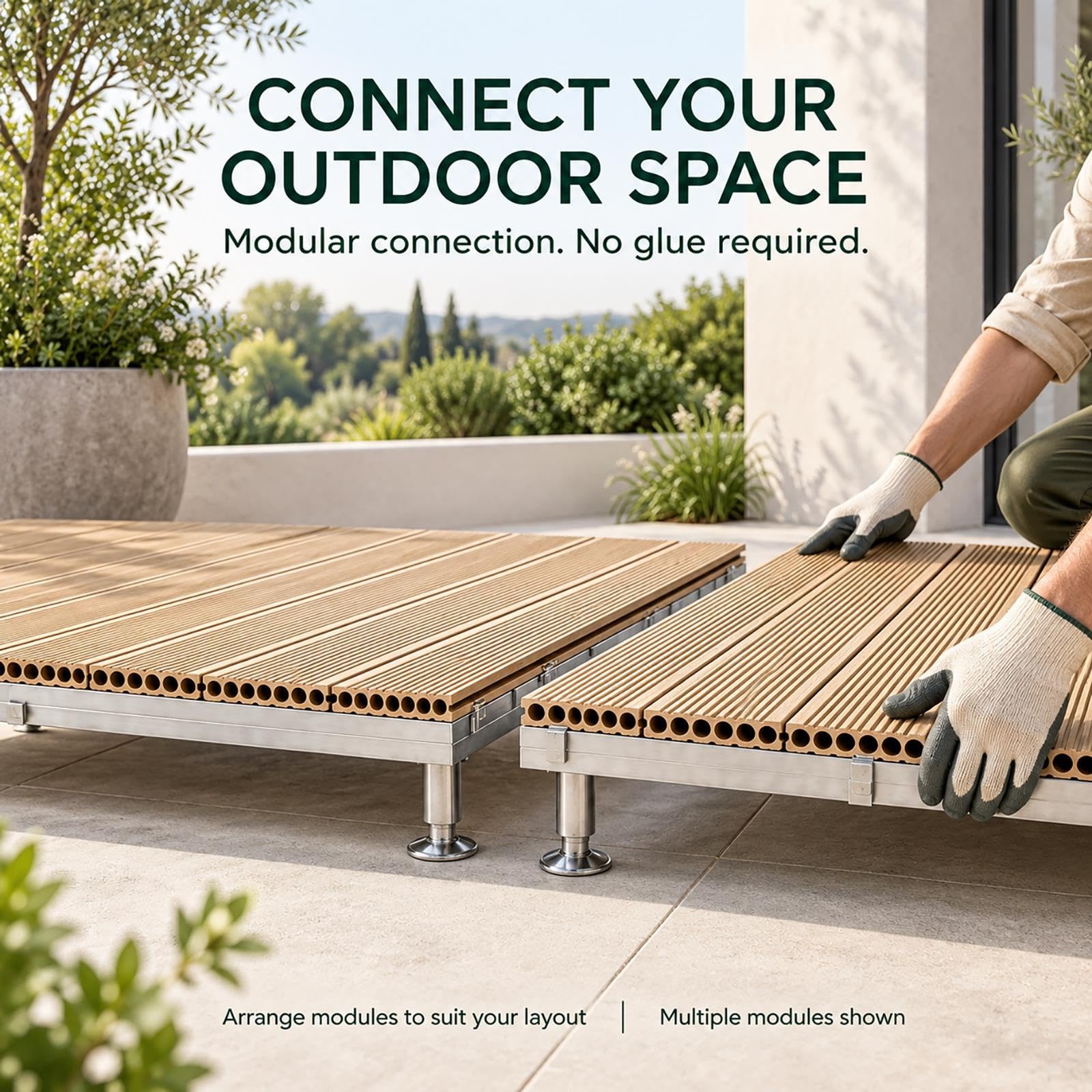 Tarima WPC, suelo exterior modular con patas metálicas de altura ajustable
