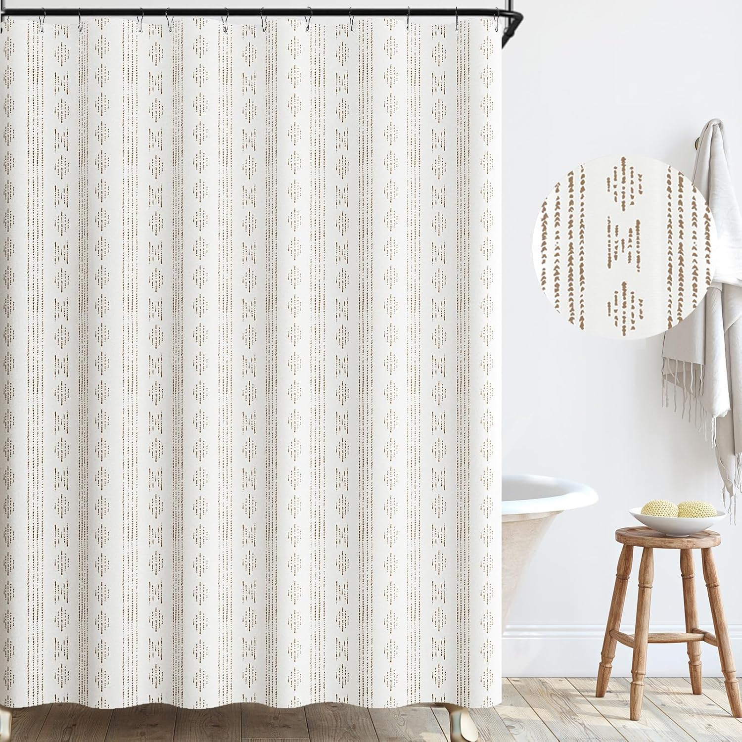 jinchan Taupe and White Boho Shower Curtain Bohemian Vertical Striped Fabric Shower Curtains for Bathroom with 12 Hooks Waterproof 70x72 Inches 70"W x 72"L (Pack of 1) Boho Vertical Taupe
