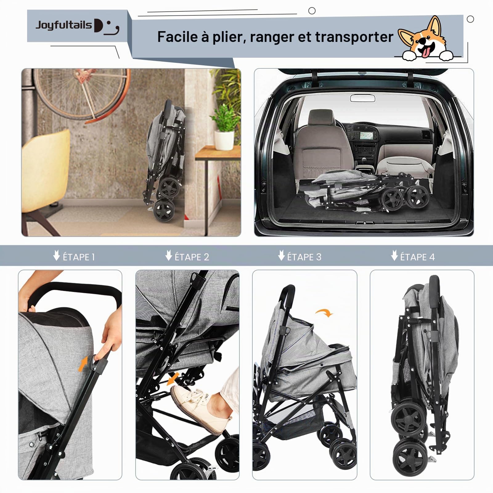 Poussette Pliable Chien/Chat 20kg Capacité - Buggy Tout Terrain avec Toit Amovible, Poignée Ergonomique et Roues Verrouillables & Housse Imperméable, Gris