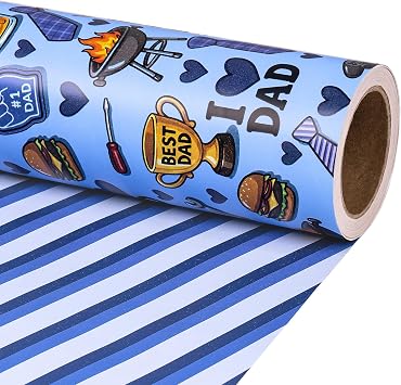 RUSPEPA Fathers Day Reversible Wrapping Paper Roll, Mini Roll, Fun Dad Icons & Blue Stripe Double-Sided Gift Wrap for Men, Dad, Husband, Grandpa, Birthday, Fathers Day Party, 17 Inches x 16.4 Feet