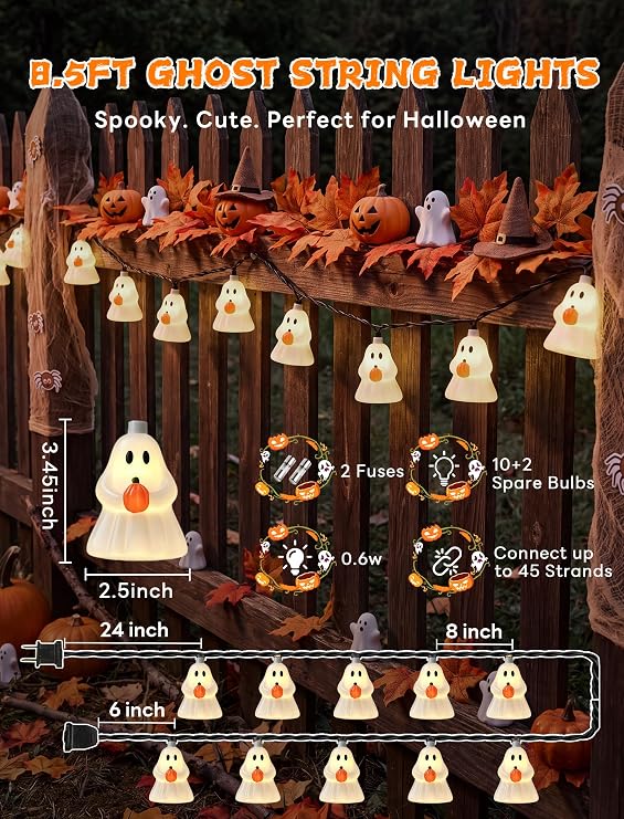 Halloween Decorations Ghost String Lights,8.5FT 10 LED Plug in Ghost Lights