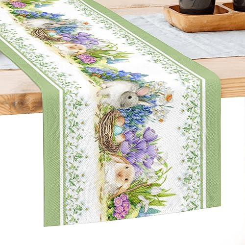 Decoración de camino de mesa de primavera y Pascua huevos de Pascua conejo granja decoración de mesa verde 108 pulgadas de largo