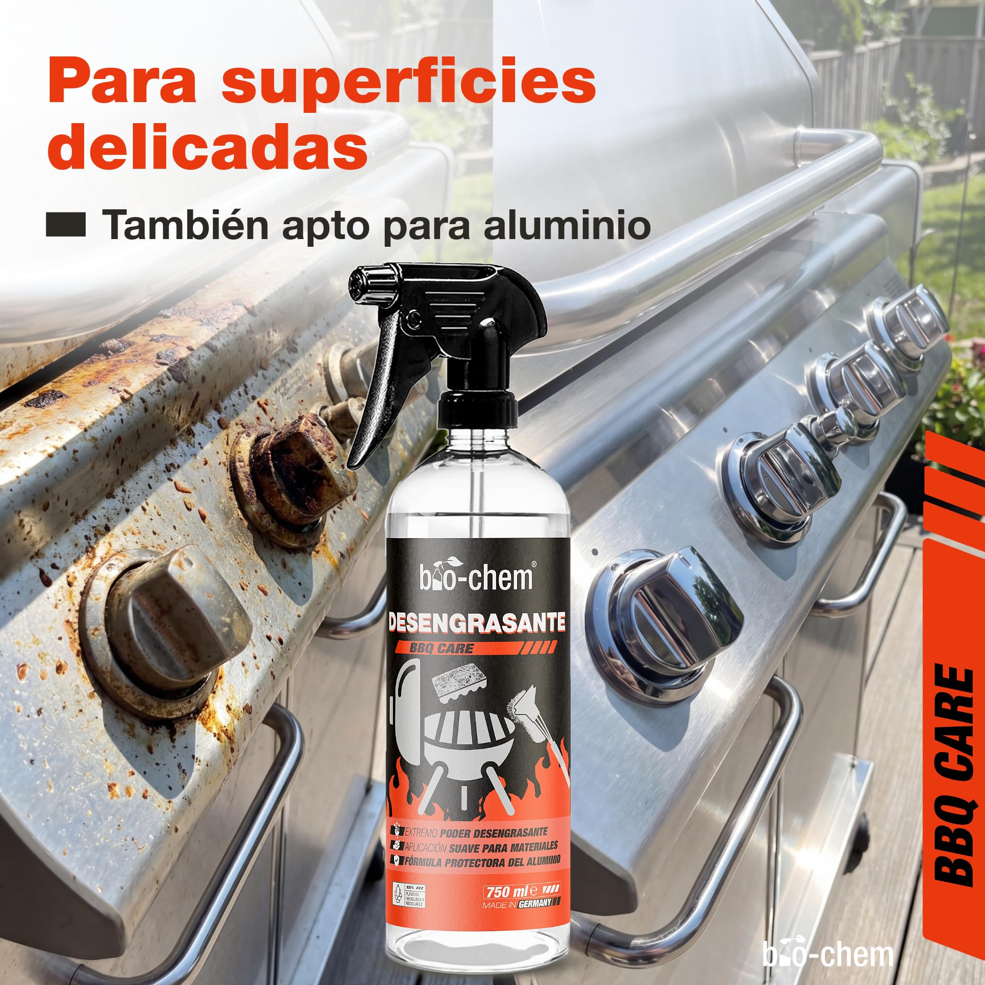 Bio-Chem - Decapante resina quemaduras 500ml - Limpiador superficies barbacoas 750ml - spray pulverizador de aceite 100ml apto para AirFryer - Con cepillo y esponja - Profi Set 5 productos | Con desengrasante, eliminador de resina de humo, spray de aceite