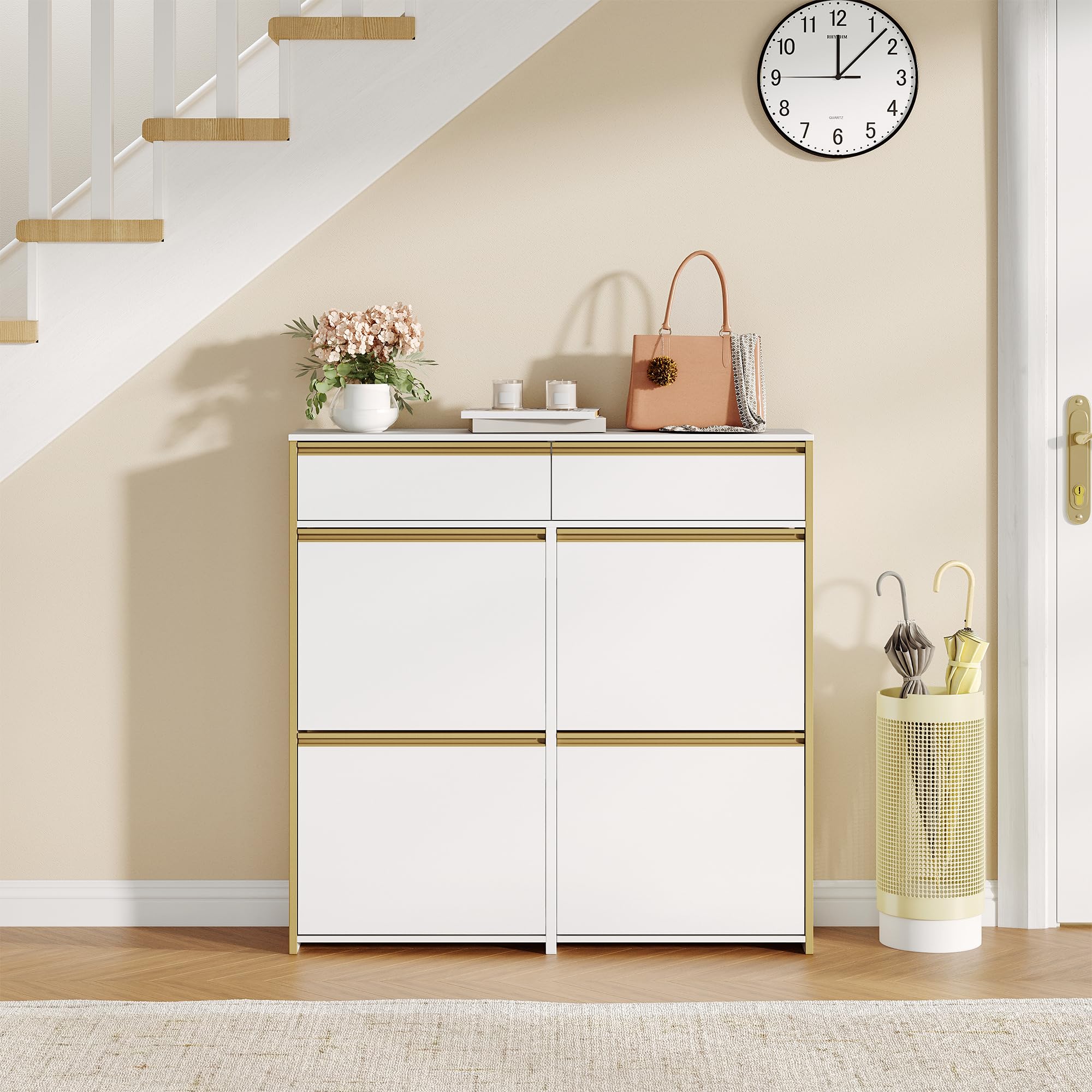HEXCELEN Armario Zapatero Estrecho con 4 Puertas Abatibles, Zapatero con Cajón, Divisor Ajustable y Desmontable, 100 x 24 x 99 cm, para 16-24 Pares, para Pasillo, Entrada, Blanco-Dorado