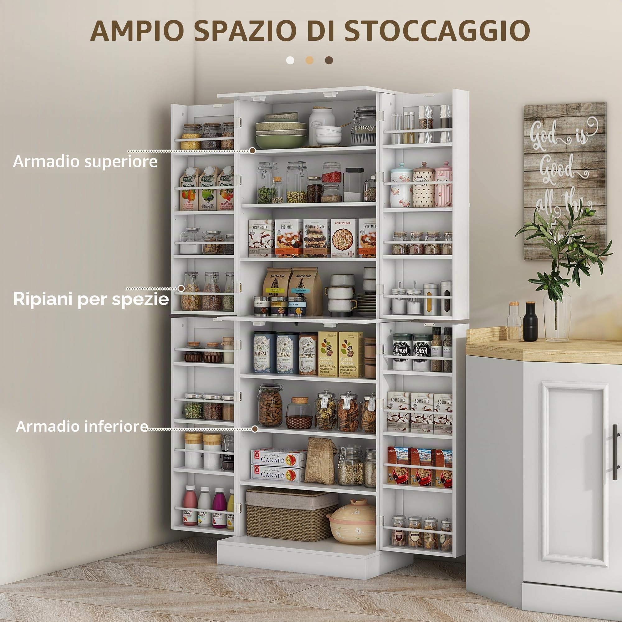 HOMCOM Armadio da cucina credenza cucina cucina stoviglie armadio stile moderno con armadietti, mensola regolabile e porta spezie per sala da pranzo, soggiorno, 60 x 35 x 166 cm, bianco