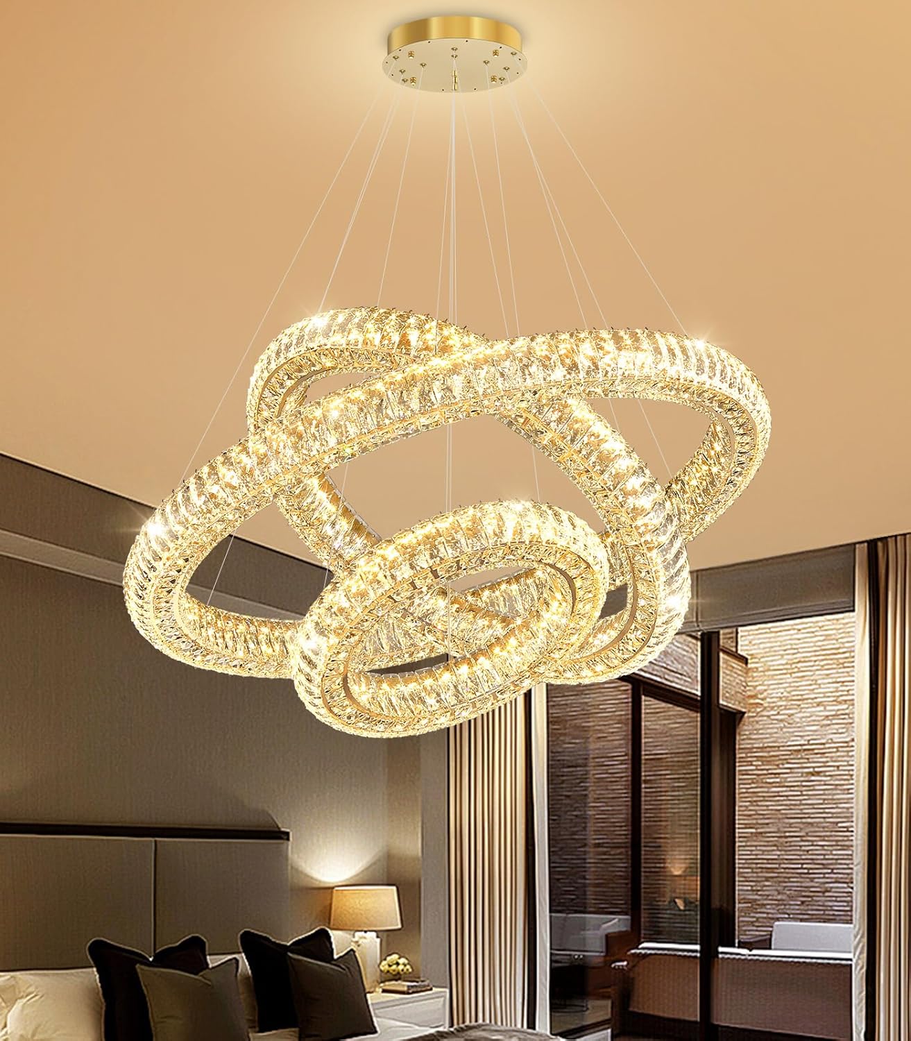 3 Ring Modern Crystal Chandelier Dimmable Ring Pendant Light Round Crystal Chandeliers for Living Room Dining Room Bedroom 32'' Gold