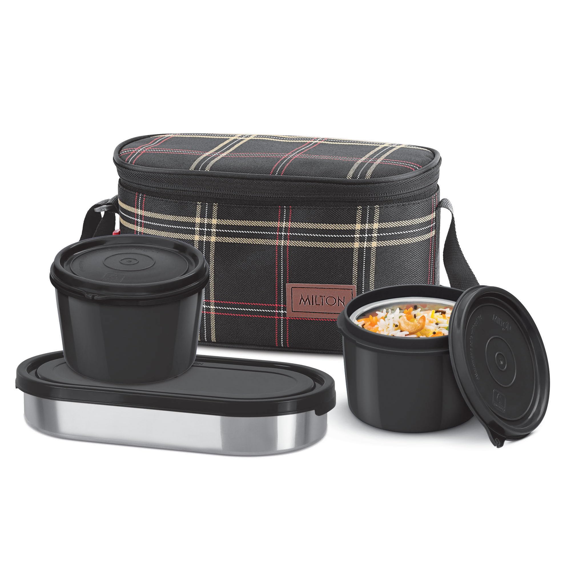 MILTONDecker Lunch Box, Leak Proof & Microwave Safe, 3 Inner Steel Containers (475ml, 475ml, 500ml), Insulated Fabric Bag, Full Meal & Easy to CarryColor May Vary