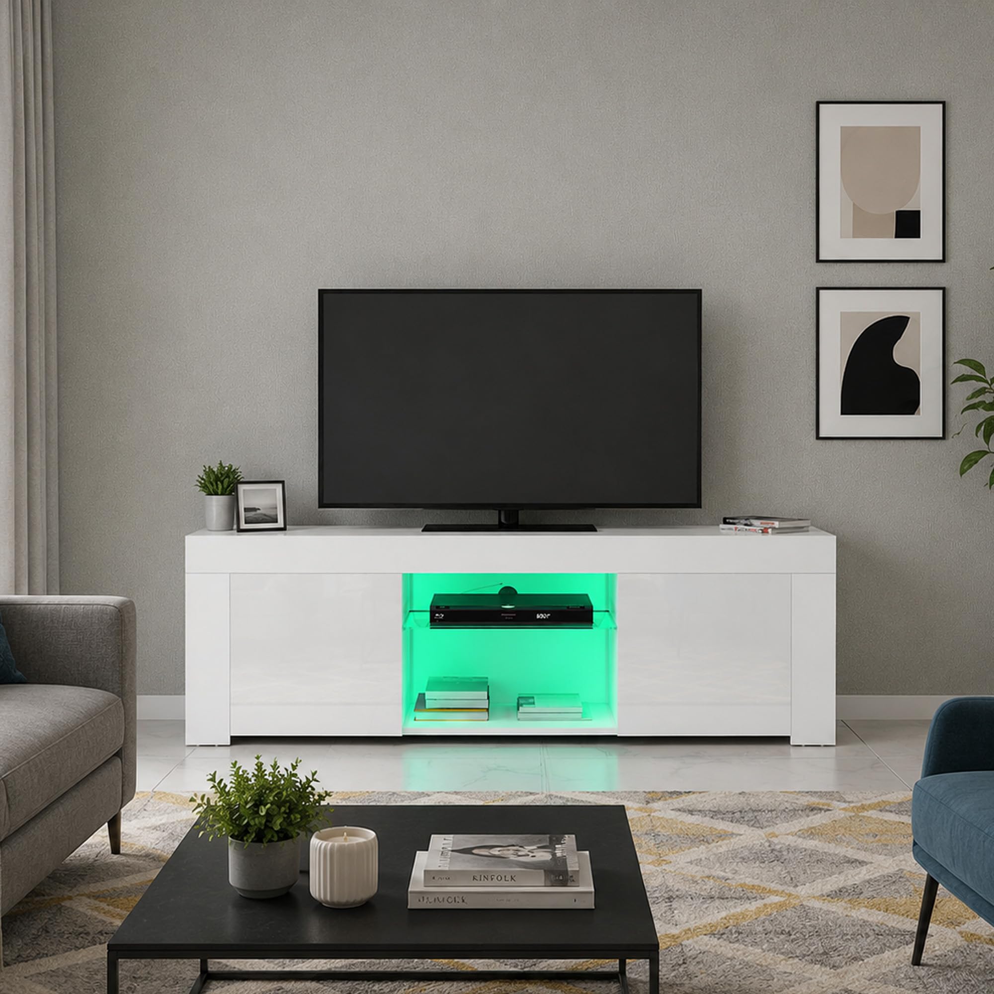 Panana Modern 2 Doors TV Unit Stand 120cm TV Cabinet Sideboard High Gloss Door and Matt Body with RGB LED Lights for Living Room (White)