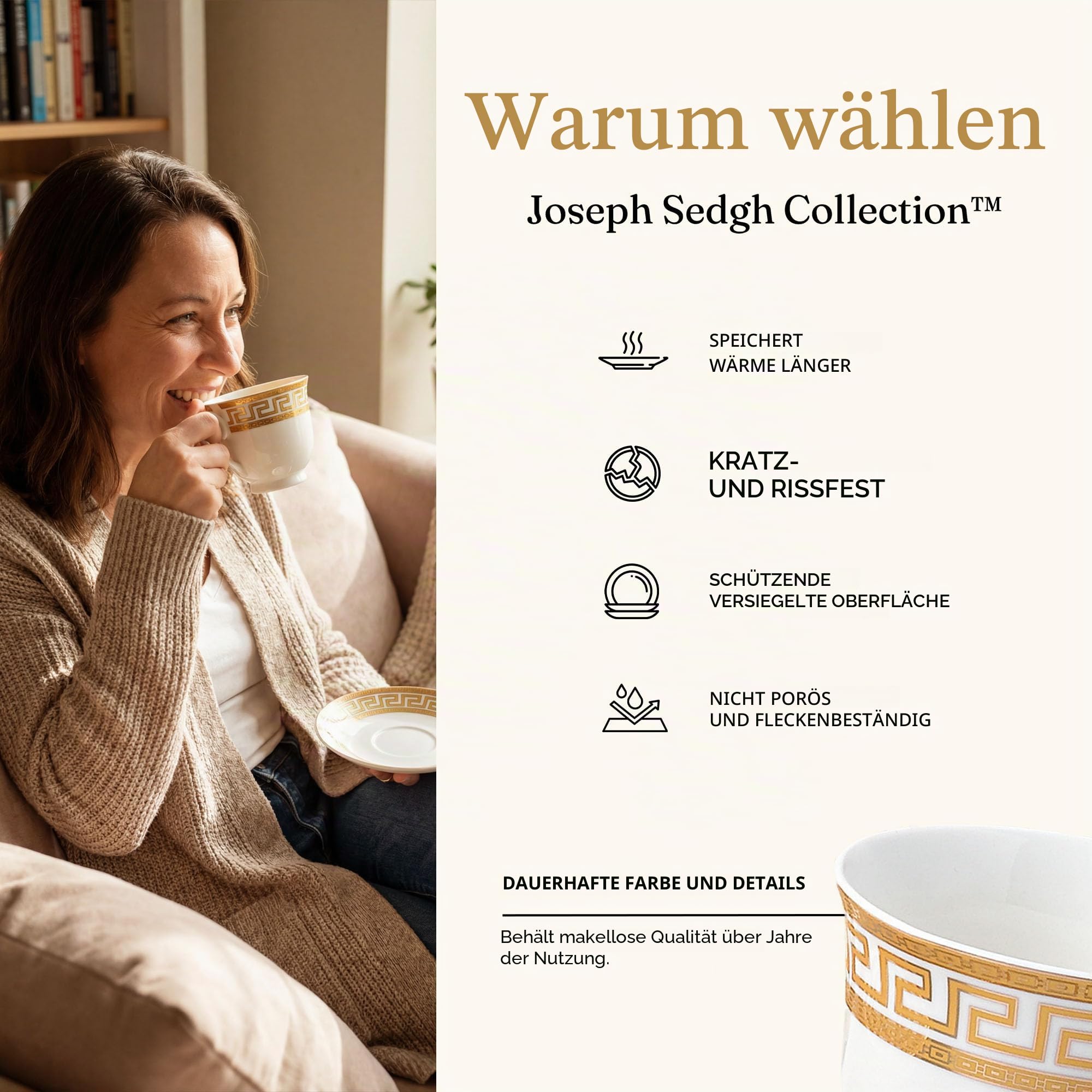 Joseph Sedgh Collection 20-teiliges Geschirrset aus Knochenporzellan, Service für 4 Personen, weißer und goldener griechischer Schlüssel