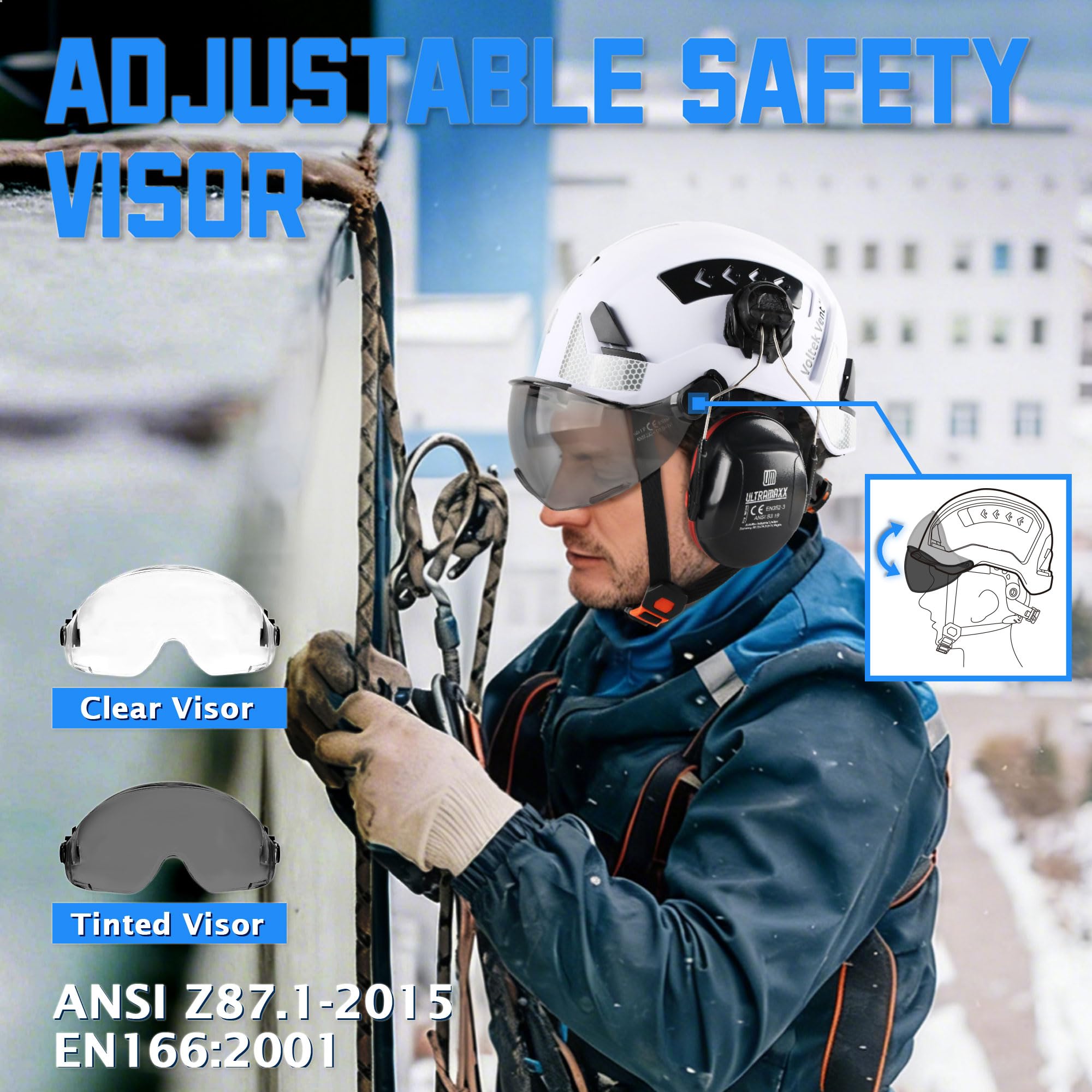UM ULTRAMAXX Casco duro tipo II Clase C | Visera facial ajustable y orejeras desmontables | Certificado ANSI Z89.1, ajuste de trinquete de 6 puntos, ventilado con tiras reflectantes