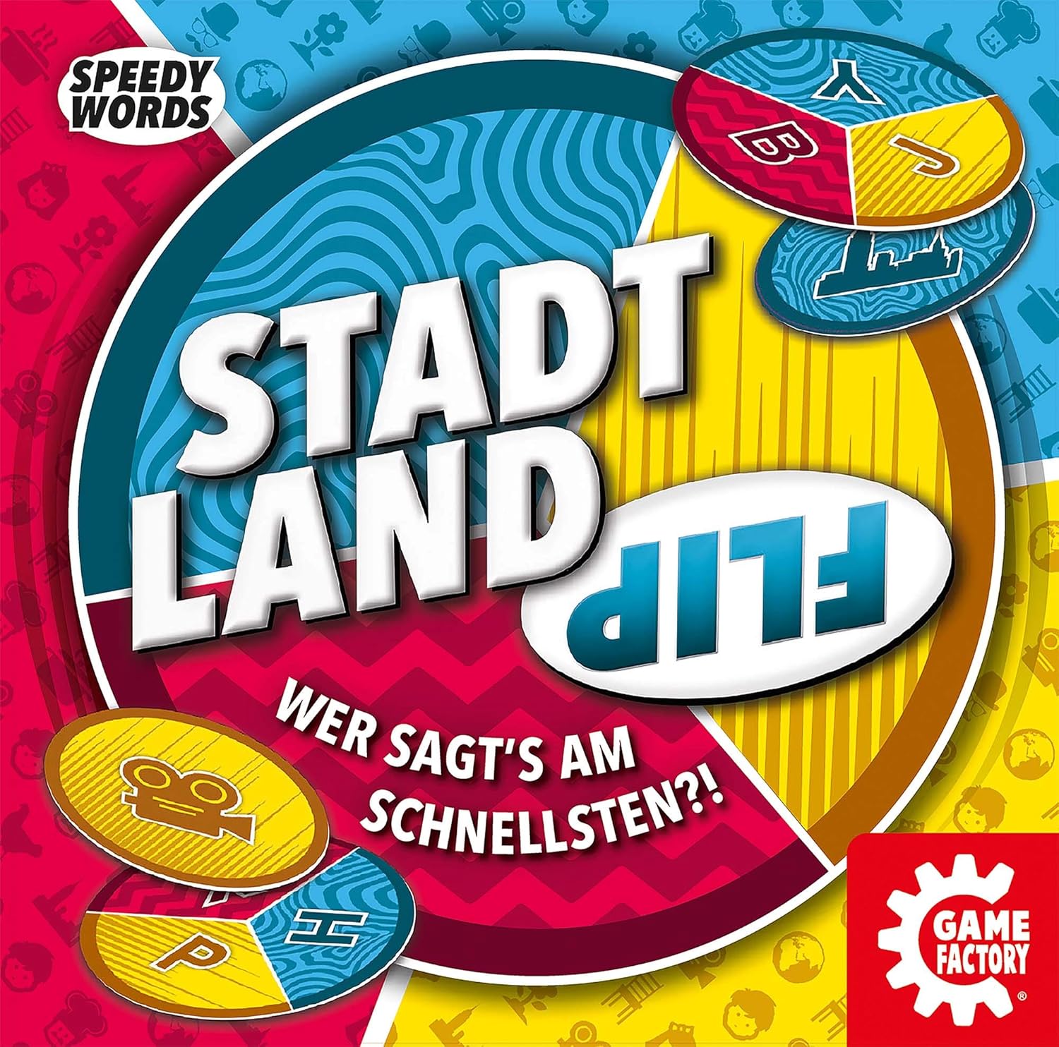 Game Factory 646278 Land, Super Fast Friends and Family, Children Aged 8 and up, Travel Game in a Practical Cardboard Box, Speedy Words, City Country flip