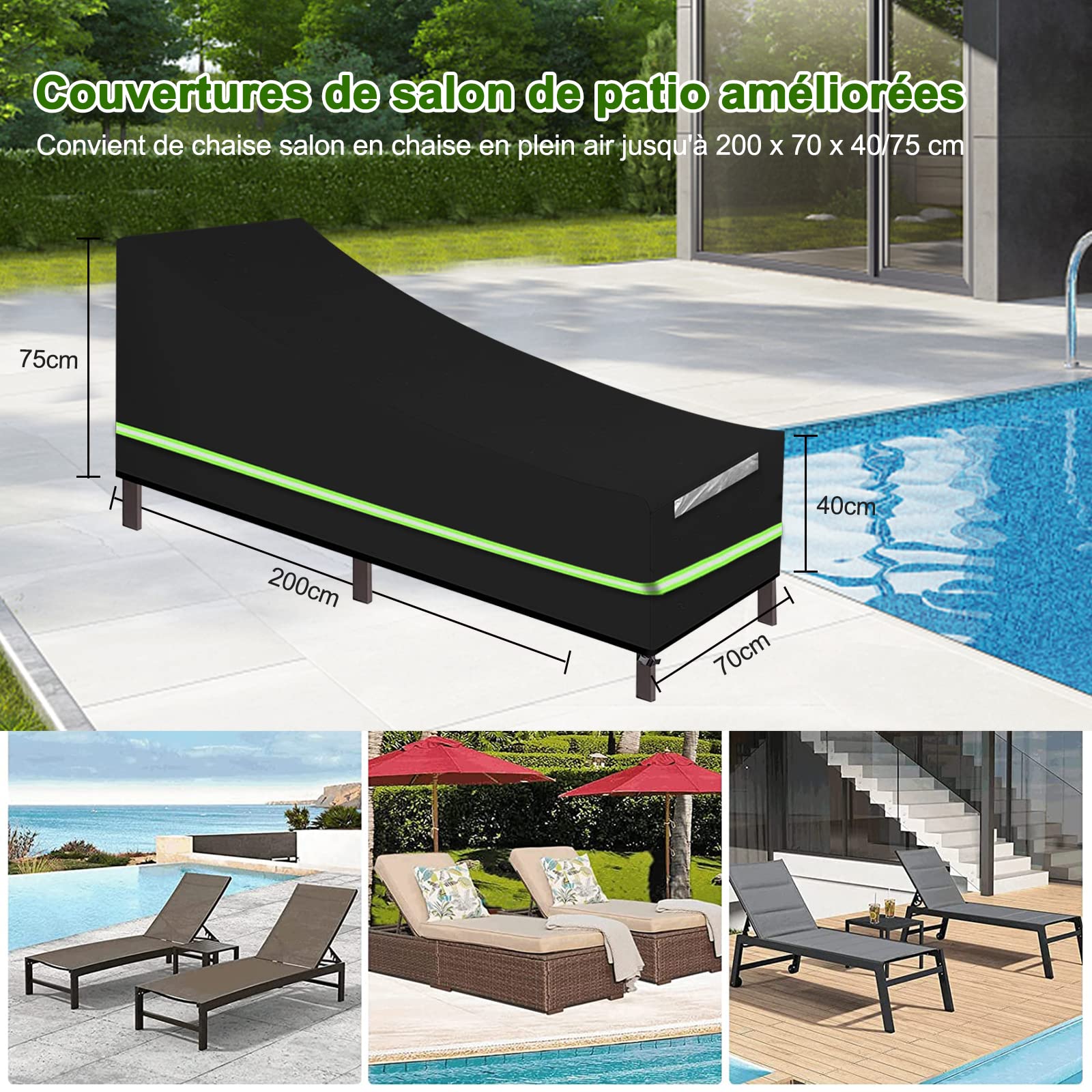 Housse de Chaise Longue de Jardin 2 pcs, Imperméable, Résistance au Vent, Anti-UV, Tissu Oxford 210D Housse avec Grilles D’aération et Bande Réfléchissante pour Chaise Longue de Jardin- 200x75x40/70cm