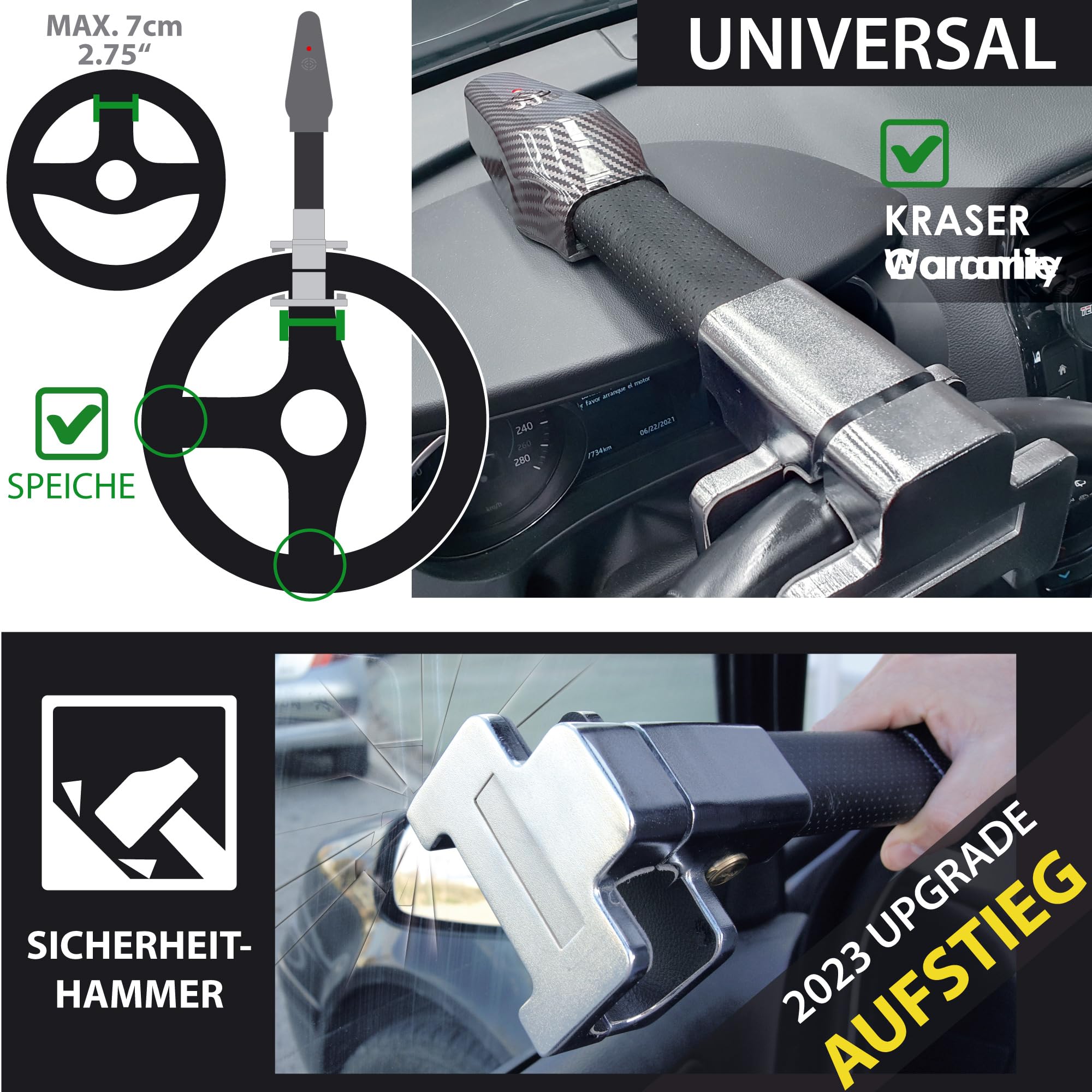 KRASER KR830 Antifurto Auto, Blocca Sterzo con Allarme 120dB, Universale