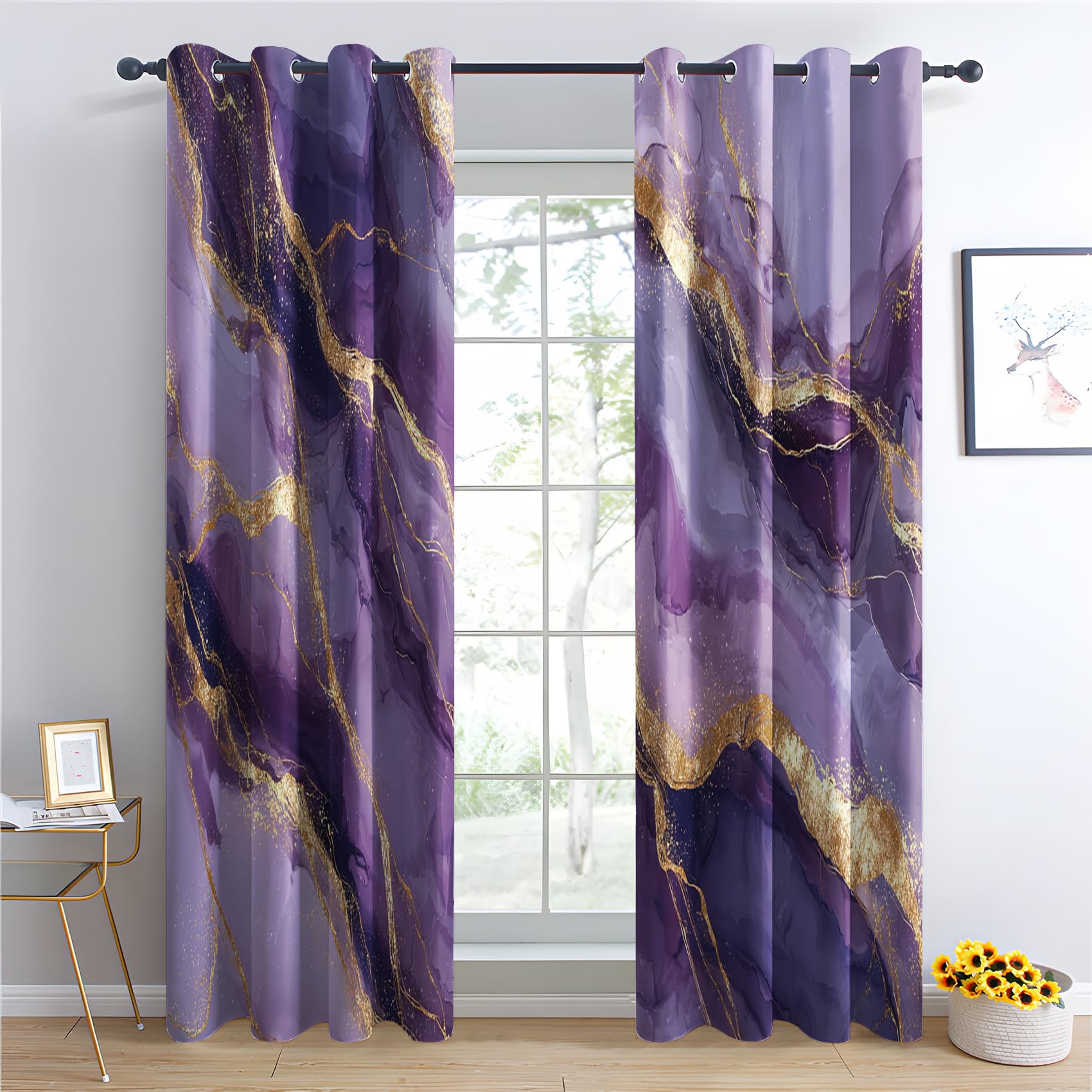 Venivici Marble Blackout Curtains for Bedroom Living Room - 90 Inch Drop Curtains Eyelet, Purple and Gold Abstract Modern Patterned Window Treatments, Thermal Insulated Drapes 90x90 2 Panels