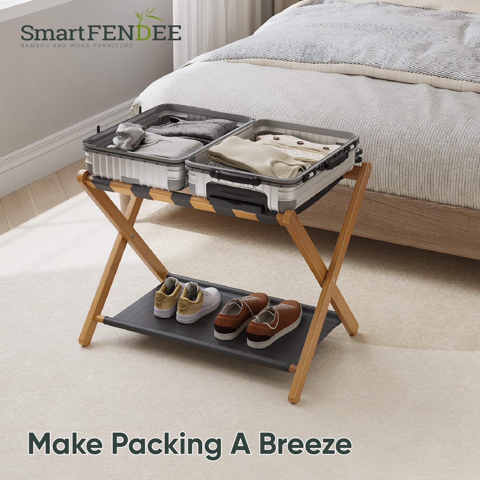 Smart FENDEE Paquete de 2 portaequipajes, soporte plegable para maleta con estante de almacenamiento, soporte de equipaje de bambú resistente que se adapta a la mayoría de tamaños de equipaje, soporta