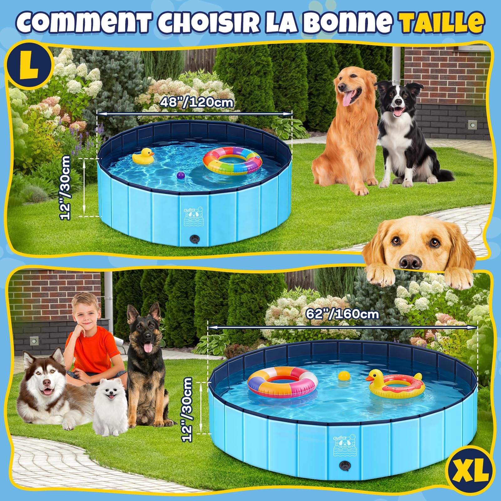 JONRRYIN Piscine pour Chien, 120 x 30cm Piscine Chien Pliable pour Grands et Petits Chiens, Stable et Antidérapant, Piscine Portable avec Rustines et Valve de Vidange pour Enfant Extérieure (120*30cm)