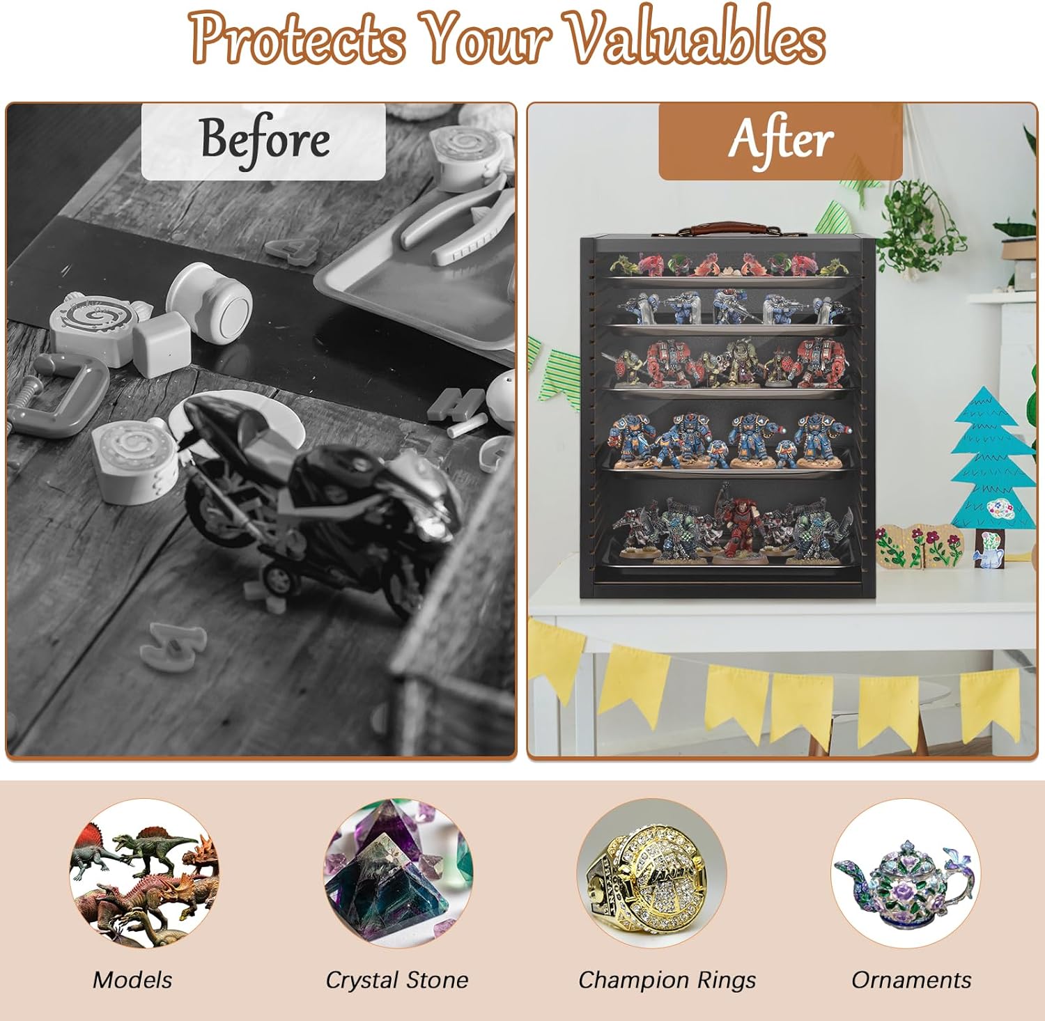 Miniature Display Case for Collectibles, Miniatures Storage Case Display Shelves Shelf for Mini Action Figures Valuable Collectibles or Crystal Stone (Matte Black)