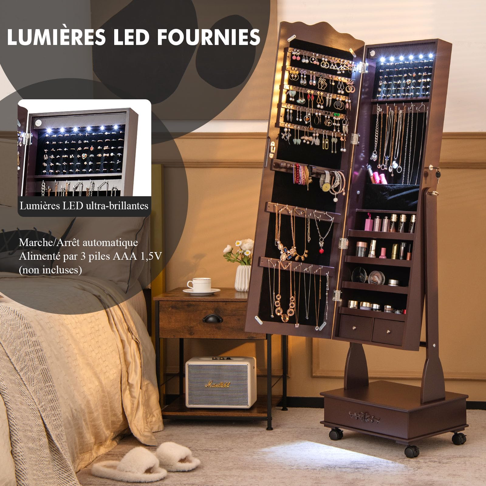 GOPLUS Armoire à Bijoux à Roulettes, Armoire a Bijoux avec Miroir sur Pied avec Lumières LED, 3 Angles Réglables, Organisateur de Bijoux Verrouillable avec Grand Espace de Rangement (Marron)