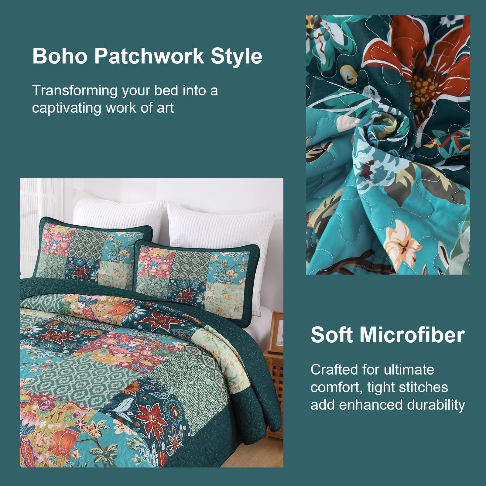 DJY Patchwork-Steppdecken-Set für King-Size-Betten, 3-teilig, grün, kariert, florales Muster, Boho-Türkis, rustikal, leicht, wendbar, für alle Jahreszeiten, 274 x 228 cm