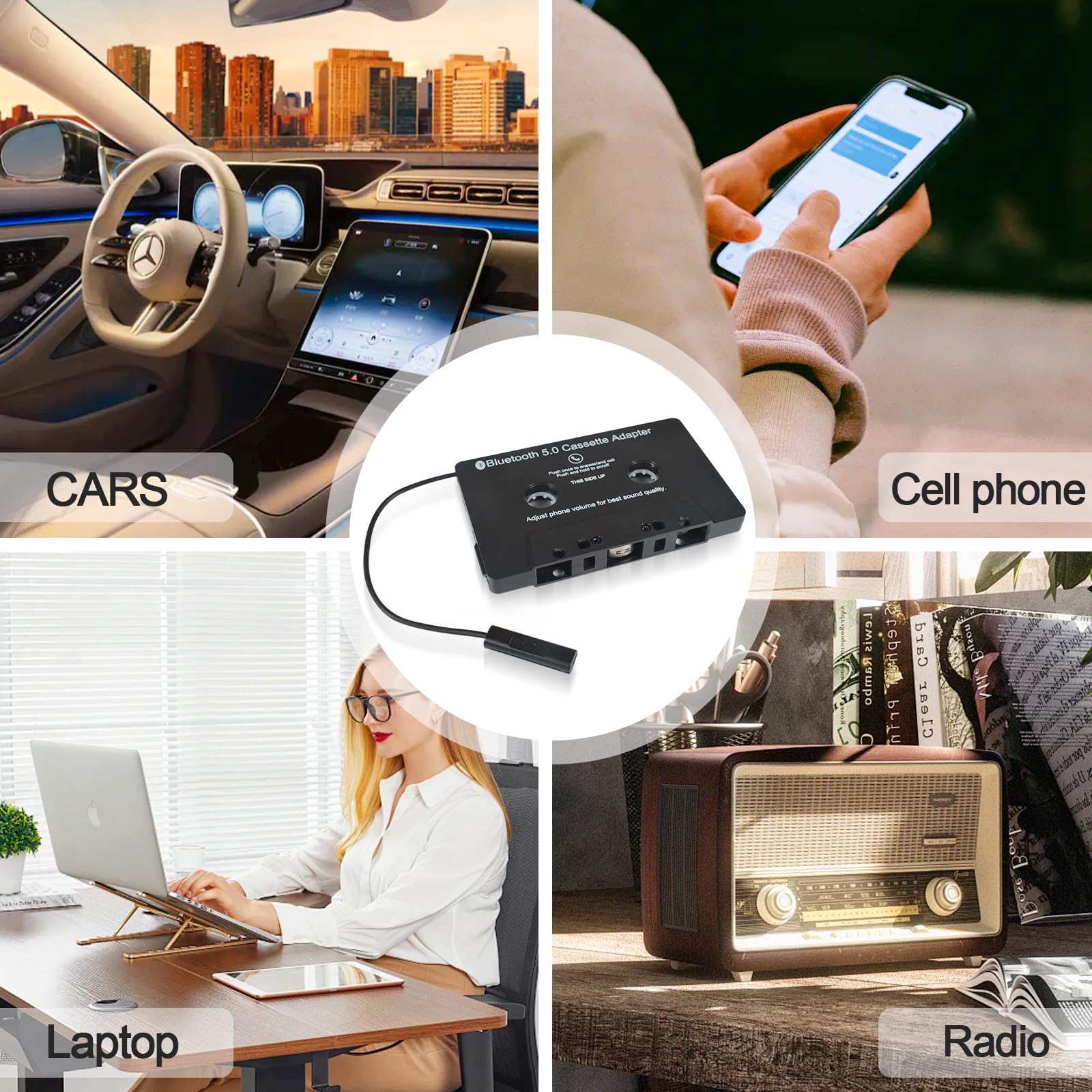 Funmo Adaptateur de Cassette Audio pour Voiture, récepteur de Cassette Bluetooth 5.0, Adaptateur auxiliaire de Cassette Audio pour écouter la Musique du téléphone Portable et la Voix de la Voiture
