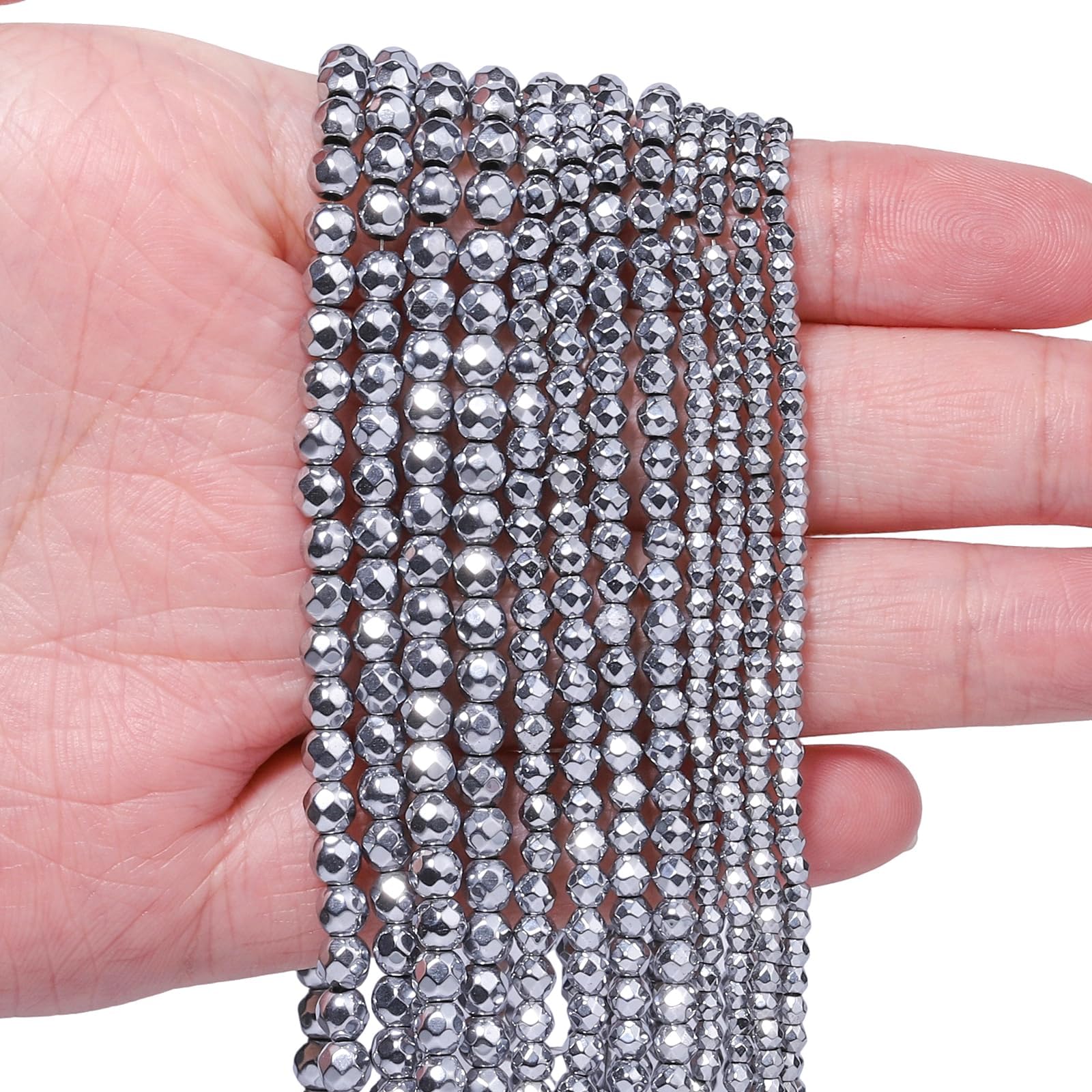 4mm 90pcs Natural Silver Hematite Stone Beads, Songxi Small Faceted Round Loose Gemstone Beads for Jewelry Making, DIY Art and Craft, Bracelet Beads for Necklace (1 Strand)