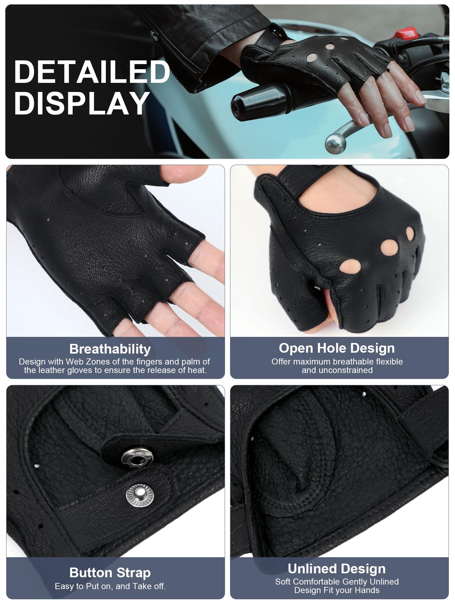GSG SINCE 1998 Guanti Pelle Uomo Mezze Dita – Guanti da Guida Fingerless, Senza Fodera in Pelle Nero M