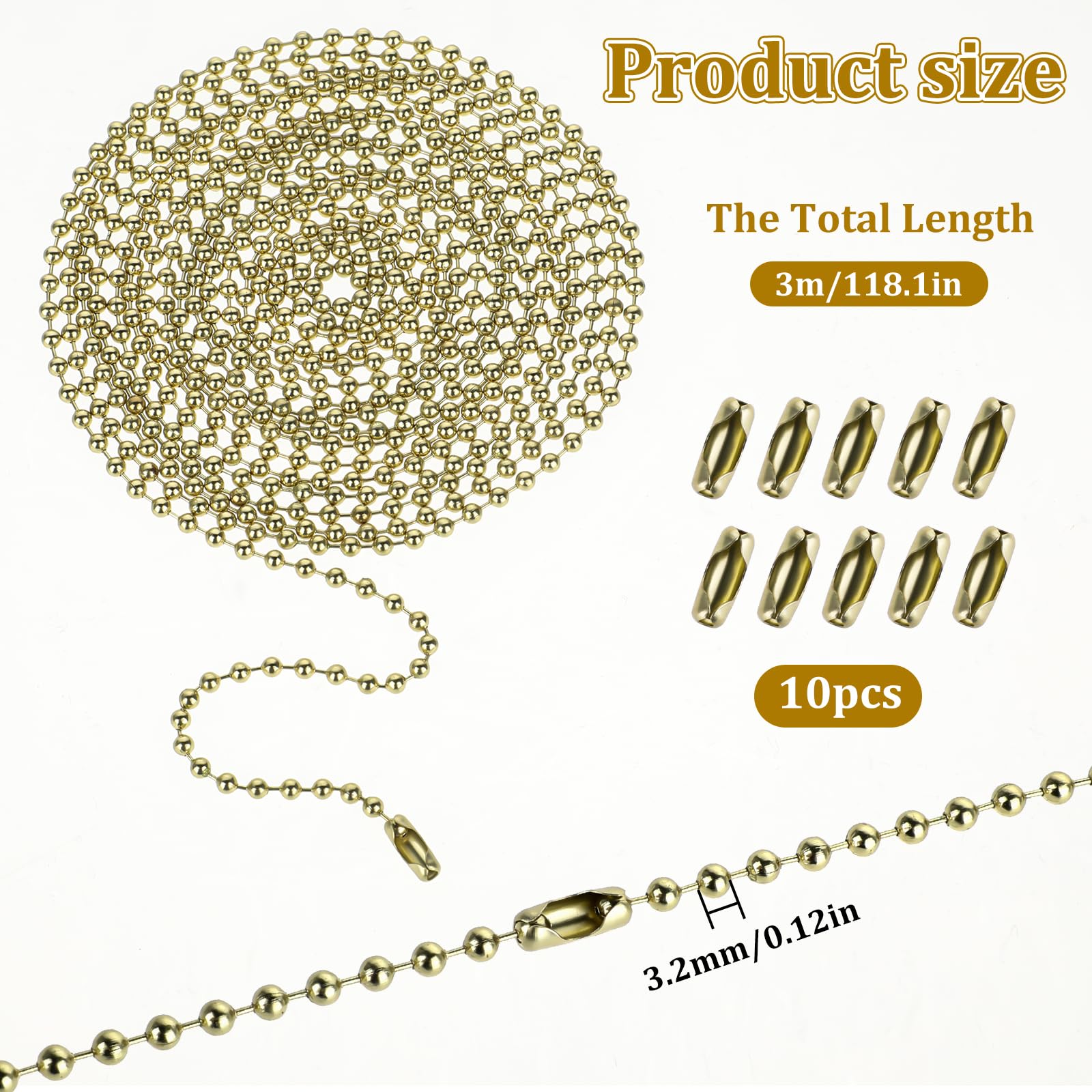 KALIONE Kugelperlenkette Gold Metallperlenkette Deckenventilator Zugkette 3.2mm Perlenrollo Zugkette Verlängerung Metallperlen Rollokette mit 10 Passenden Anschlüssen（3 Meter）