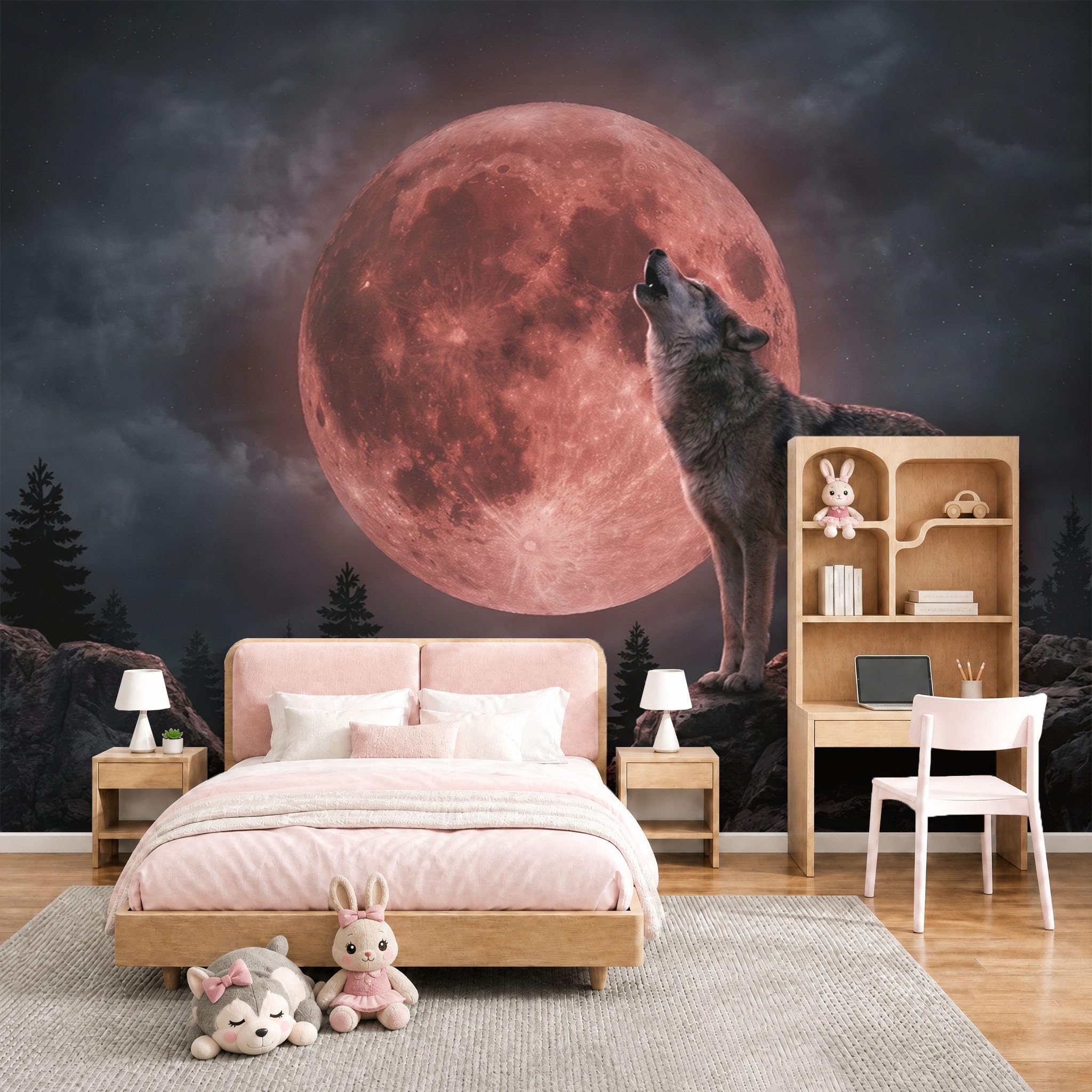 Papier peint géant loup solitaire pleine lune panoramique photo murale 200x140cm