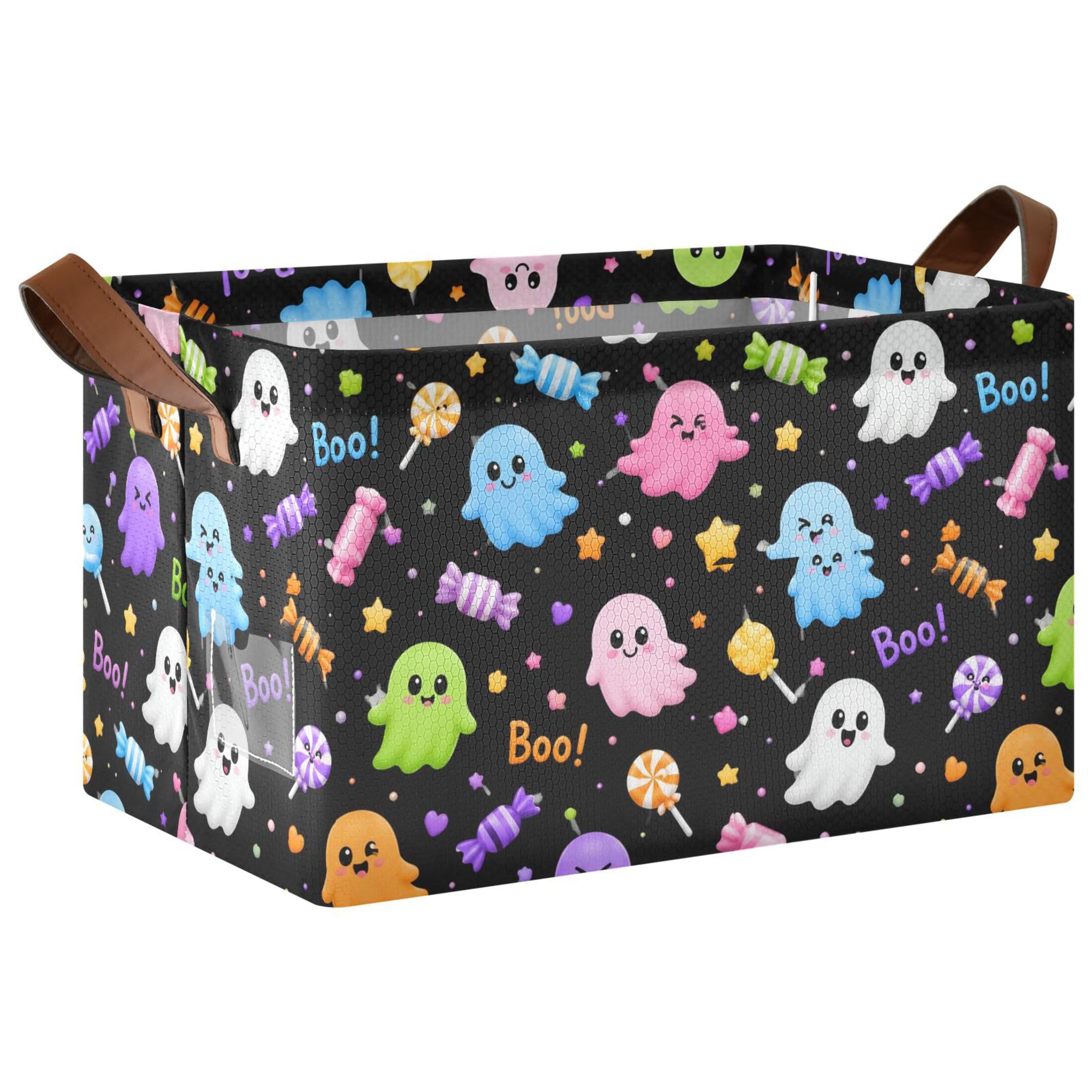 Kutsu Ghosts Foldable Storage Basket Collapsible Bin With Handles For Shelves
