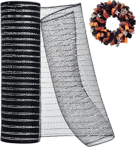 TONIFUL 10 Inch x 10 Yards Black Decorative Mesh Ribbons Fabric Mesh Roll Mesh Wreath Supplies for Front Door Wreath Christmas Tree Crafts