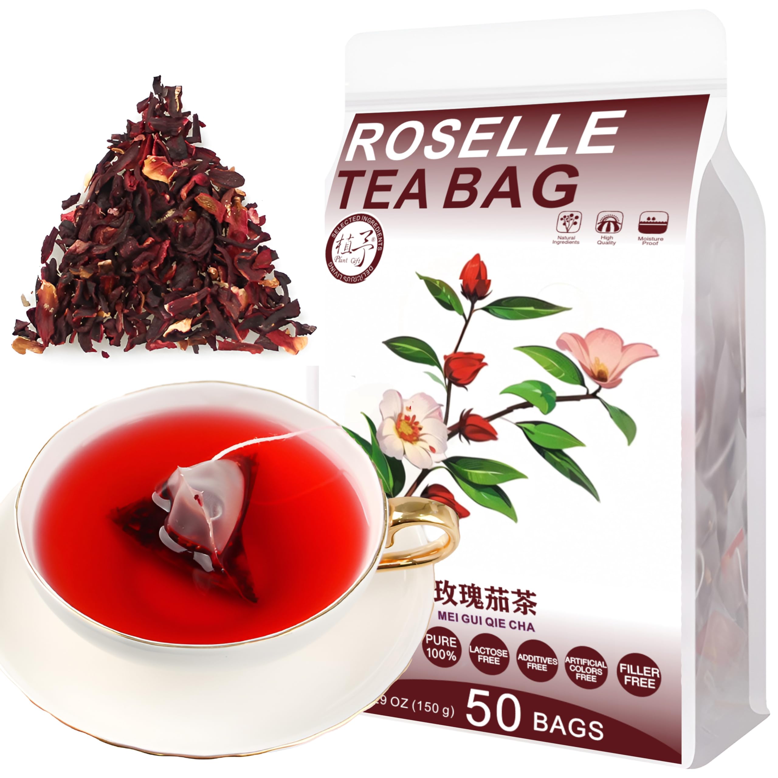 Plant Gift 50 Cups Roselle Tea Bag (玫瑰茄茶 MEI GUI QIE CHA) 5.29oz (3g*50bags/150g) Natural Mixed Herbal Combination of Floral Tea