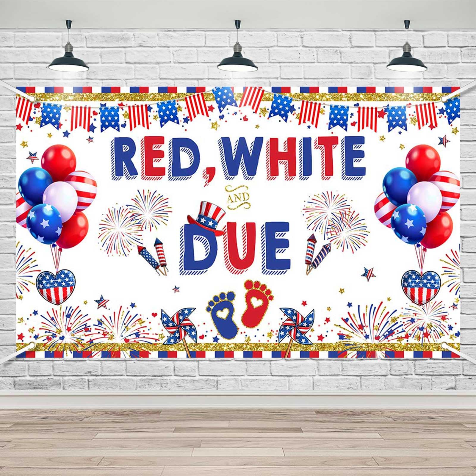 Lofaris Red White and Due Firecracker Baby Shower Banner Happy 4th of July Independence Day Newborn Baby Party Decor Patriotic Firework Flags Flowers