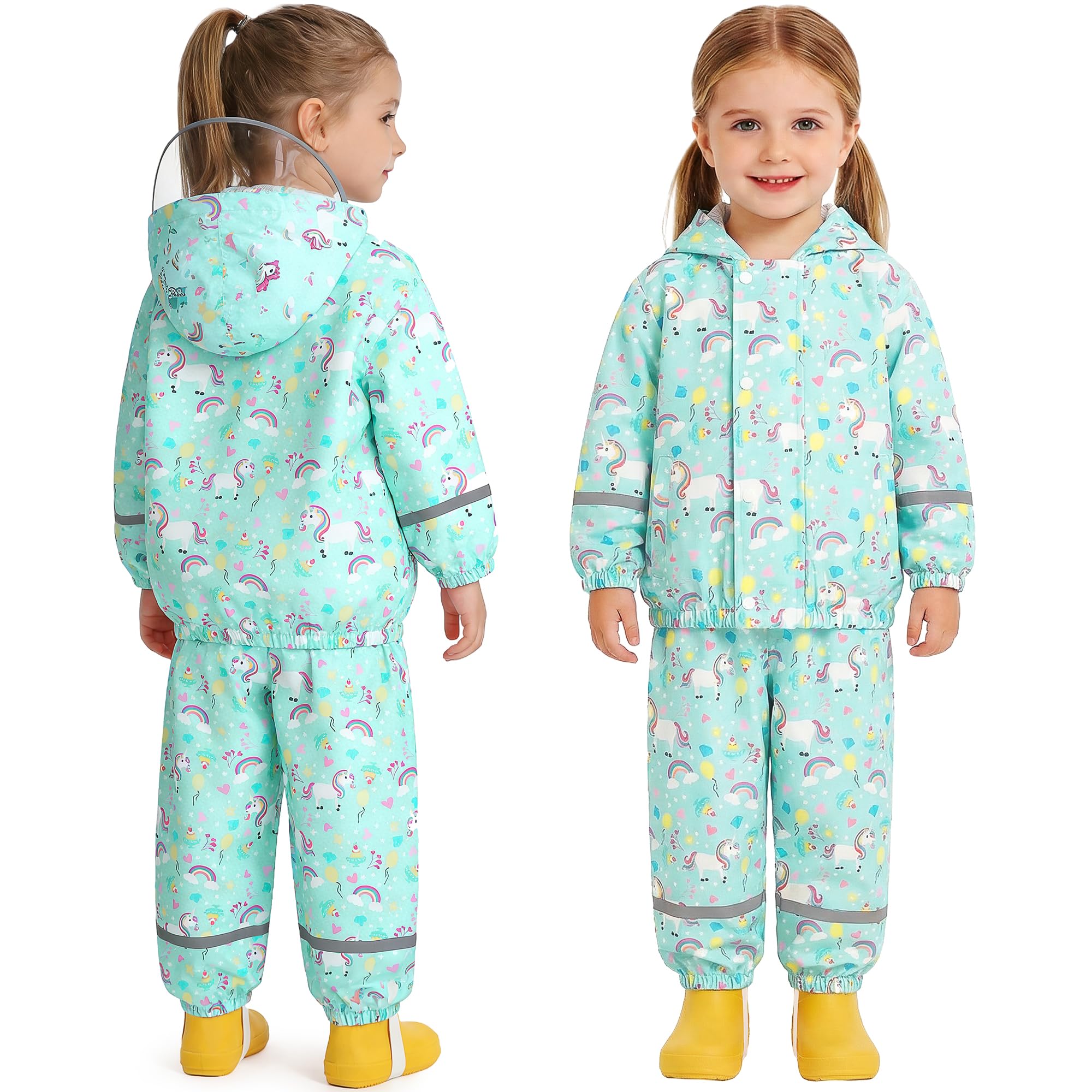 JinBei Imperméable Enfants Respirant Combinaison de Pluie Garçon Fille Léger Ensemble Pluie à Réfléchissant Pantalon et Veste à Capuche Pliante Costume Imperméables 2 Pièces 1-7 Ans