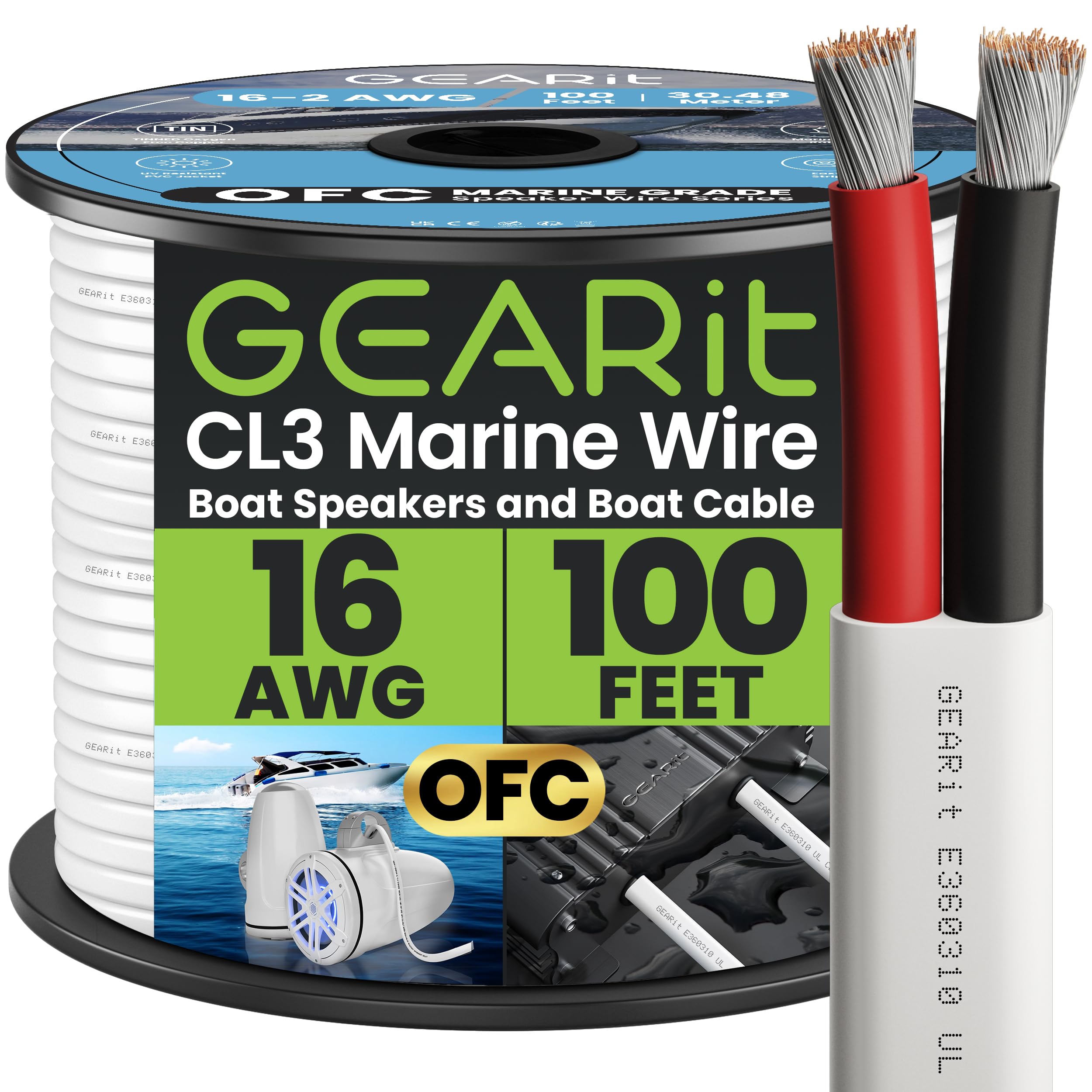 GearIT 16/2 Marine Wire (100 Feet) 16AWG Gauge - Tinned OFC Copper/Marine Grade Speaker Cable/Duplex / 2 Conductors - OFC Oxygen-Free Copper, White 100ft
