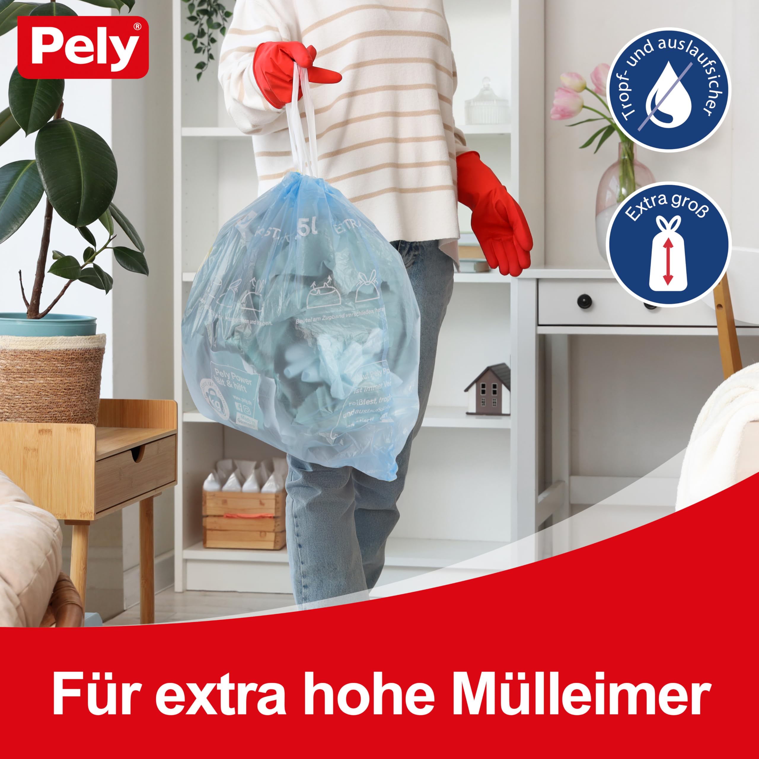 Pely® Zugband Müllbeutel 35 Liter extra lang, XXL Vorteilspack 23 x 14 Stück im Karton, für die Entsorgung von Restmüll
