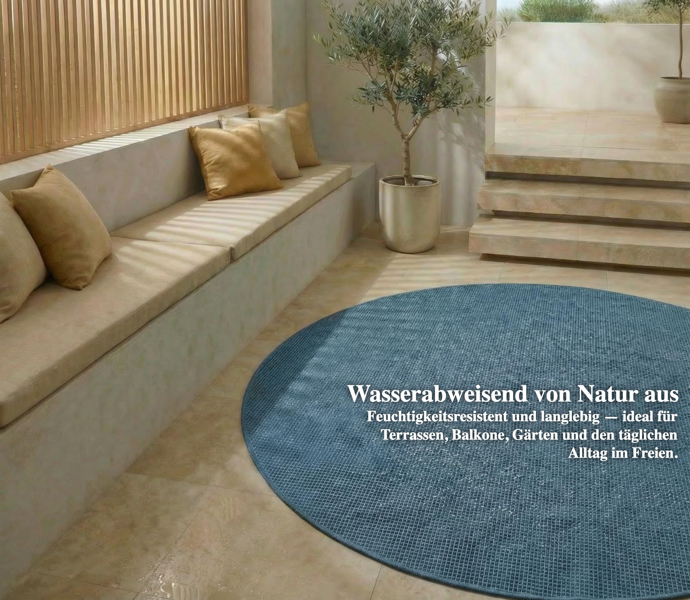 Jimri In- & Outdoor Teppich - Wetterfester Teppich für Balkon, Terrasse, Garten, Wohnzimmer, Küche - Strapazierfähiger Bodenteppich, Widersteht UV-Strahlen & Wasser - Größe 200 cm Rund, Blau