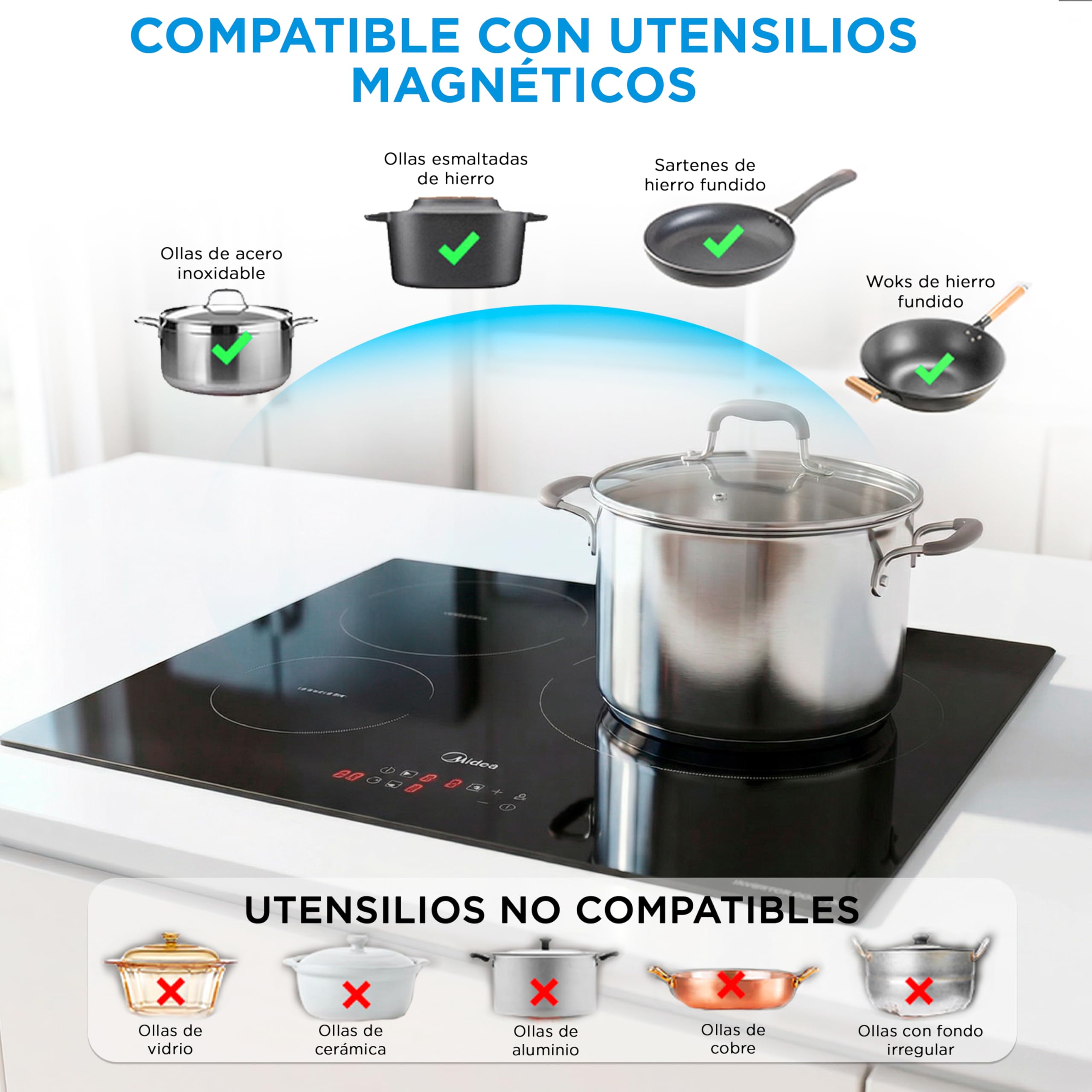 MIDEA Placa Inducción 3 fuegos 60 cm 7200 W - Vitroceramica Induccion Integrada con Panel de control tactil, Inverter quattro, 9 Niveles de Potencia, Booster, Indicador de Luz, y Temporizador.