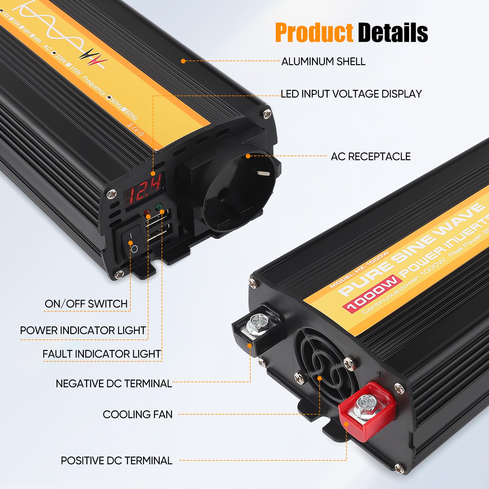 Wechselrichter, 12V auf 230V Spannungswandler mit Reiner Sinuswelle, Umwandler 1000W Dauerleistung / 2000W Spitzenleistung, für Wohnmobile, Caravan Boote und Camping mit 1 AC-Steckdose und 2 USB-Ports