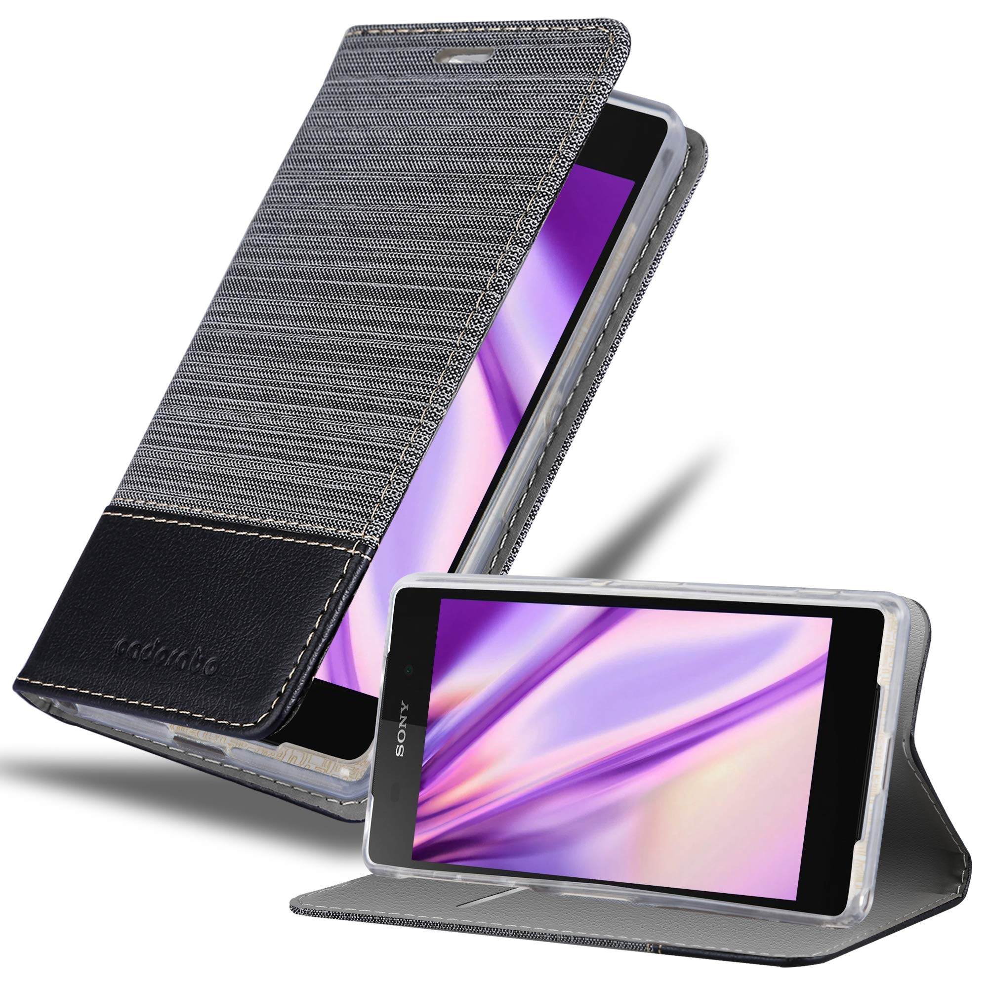 Cadorabo Case Works with Sony Xperia Z2 Book Case (Design Fabric-FAUXLEATHER) - with Magnetic Closure, Stand Function and Card Slot - Wallet Case Etui Cover PU Leather GREY BLACK DE-108384