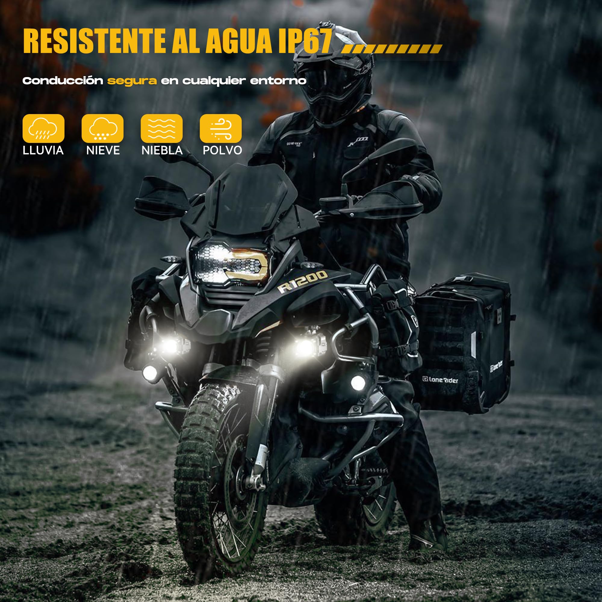 Future Eyes Faros Antiniebla para Moto LED, Luces Auxiliares Ajustables 360°, Impermeable IP67, Luces Todoterreno para Conducción Nocturna, Luz Larga y Corta Ámbar/Blanco, Compatible con ATV y UTV