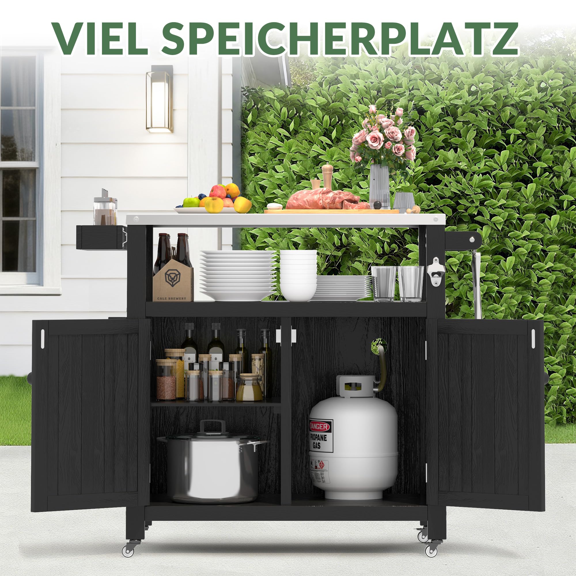 Wetterfeste HIPS Outdoor Kücheninsel mit Edelstahlplatte & Aufbewahrungsschrank, bewegliche Vorbereitungstisch mit Rädern für BBQ-Zubereitung, Outdoor Grillwagen für Parties, Schwarz